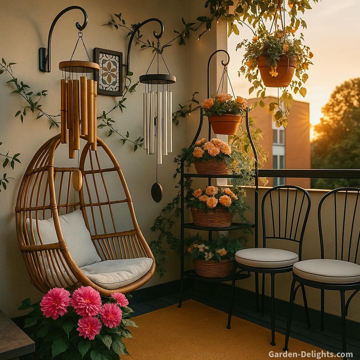 Bamboo and aluminum wind chimes hanging from sleek metal hooks on a cozy patio balcony with flowering plants, warm sunlight, and soft evening glow symbolizing Feng Shui serenity, acoustic harmony, and emotional calm in transitional outdoor living spaces