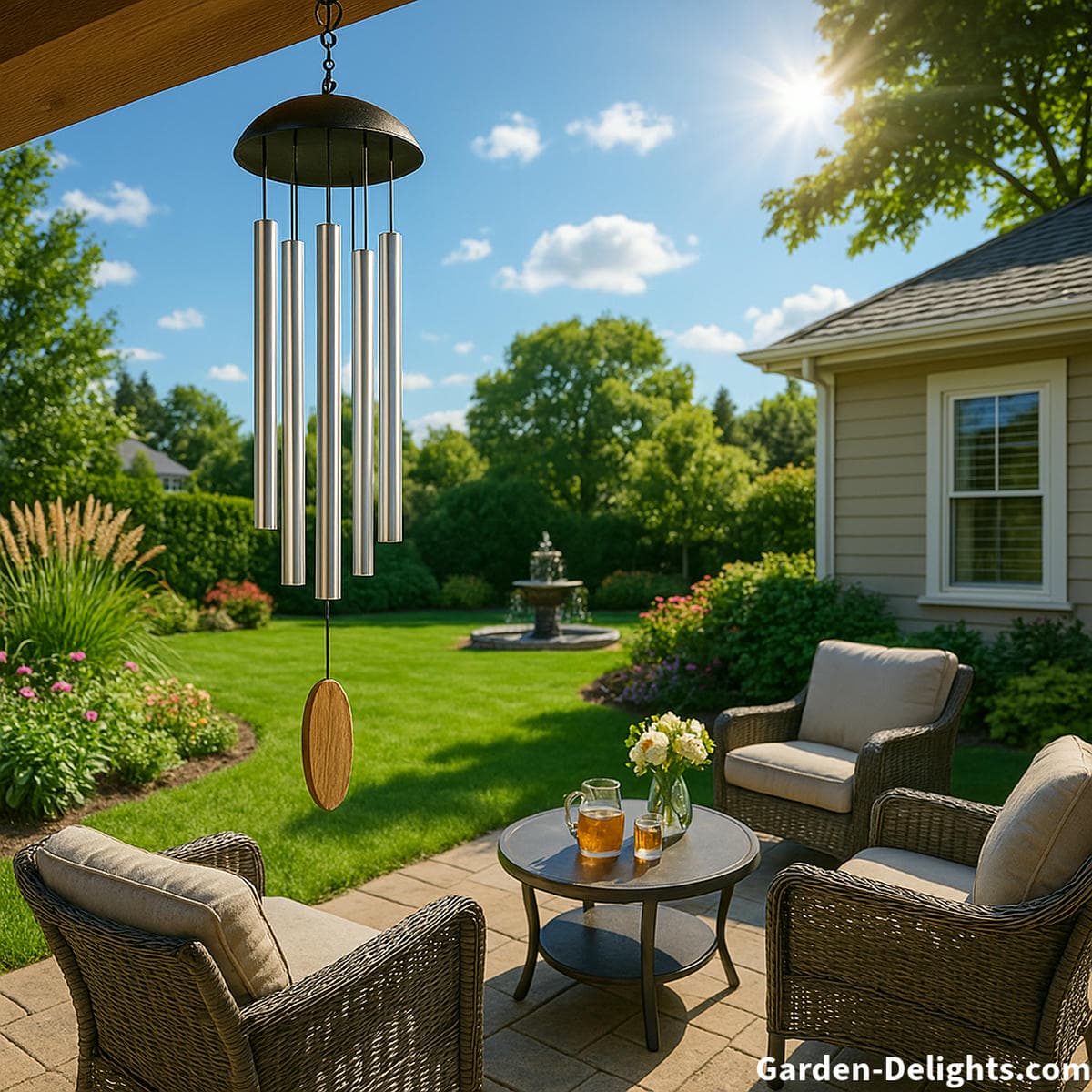 Long aluminum wind chimes gently swaying over a sunny backyard patio with cozy outdoor seating, lush blooms, and a tranquil Feng Shui garden symbolizing clarity, protection, and soothing energy balance