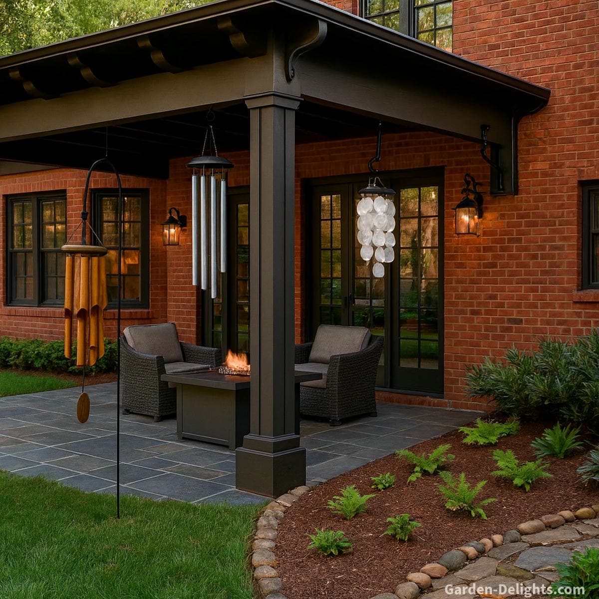 Bamboo, metal, and Capiz wind chimes arranged around a redbrick patio with gray wicker chairs, fire table, and stone-trimmed garden symbolizing Feng Shui harmony, tonal balance, and mindful sound healing placement in tranquil outdoor spaces