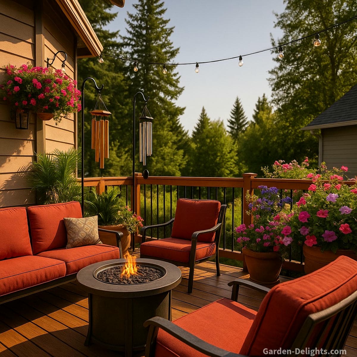 Aluminum, bamboo, and Capiz shell wind chimes gracefully hanging around a sunlit patio with potted flowers, wooden trellis, and string lights-symbolizing Feng Shui harmony, acoustic balance, and emotional tranquility across garden and balcony spaces