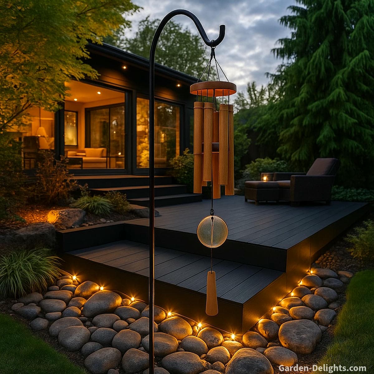 Single wind chime made of bamboo and glass hanging on a tranquil wooden deck near a garden path symbolizing Feng Shui energy balance, acoustic harmony, and mindful placement by material type