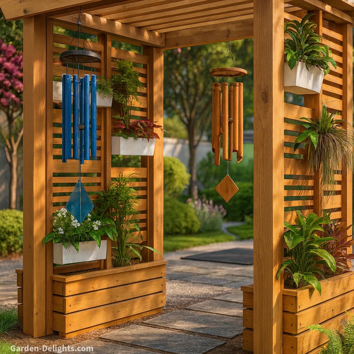 Glass and bamboo wind chimes hanging along a breezy garden pergola near planter boxes and sunlit yoga space symbolizing Feng Shui energy activation, acoustic clarity, visual flow, emotional healing, and material protection