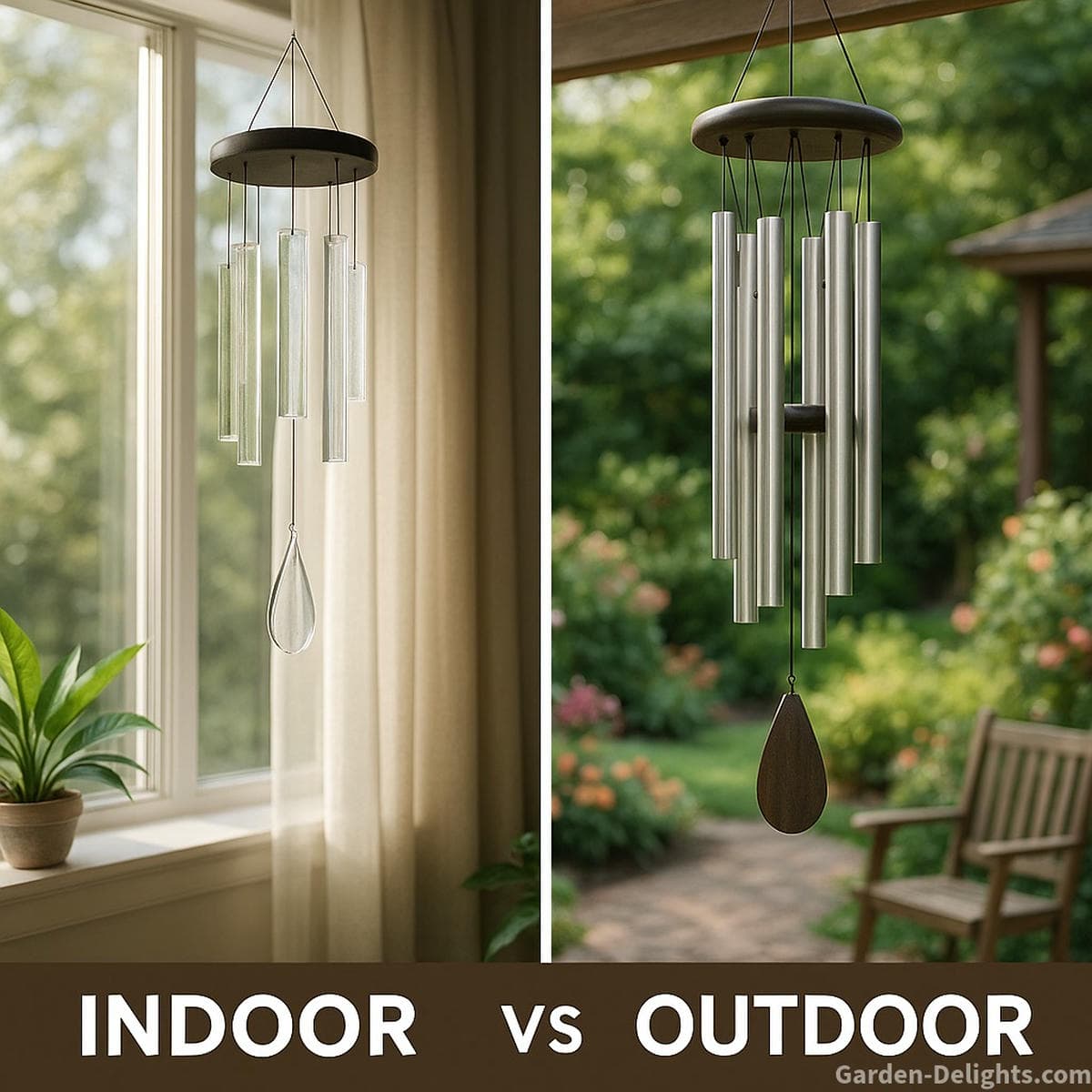 Indoor and outdoor wind chimes displayed in peaceful settings glass chimes near a sunlit window and metal chimes on a garden patio symbolizing emotional healing, Feng Shui harmony, and sound resonance balance across home and nature