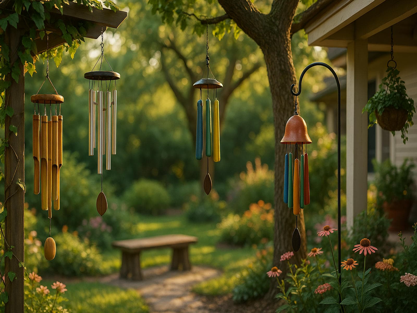 Wind chimes hanging in a tranquil garden and patio setting, featuring bamboo, metal, glass, and ceramic designs swaying in the breeze with greenery, pergola, and meditation seating for peaceful Feng Shui ambiance
