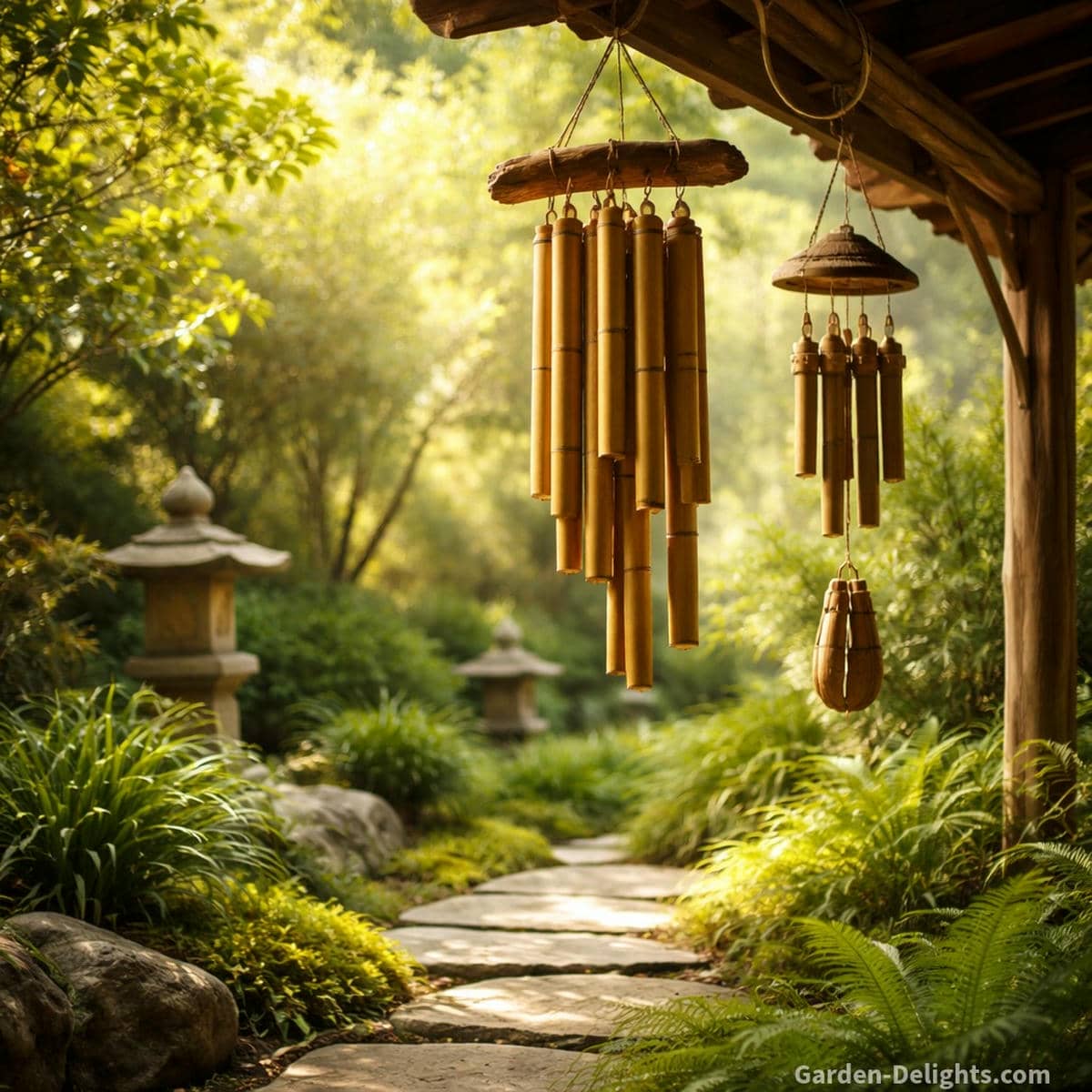 Bamboo and wooden wind chimes hanging in a peaceful Feng Shui garden beside a walkway where soft airflow guides grounding Chi and warm wood element energy