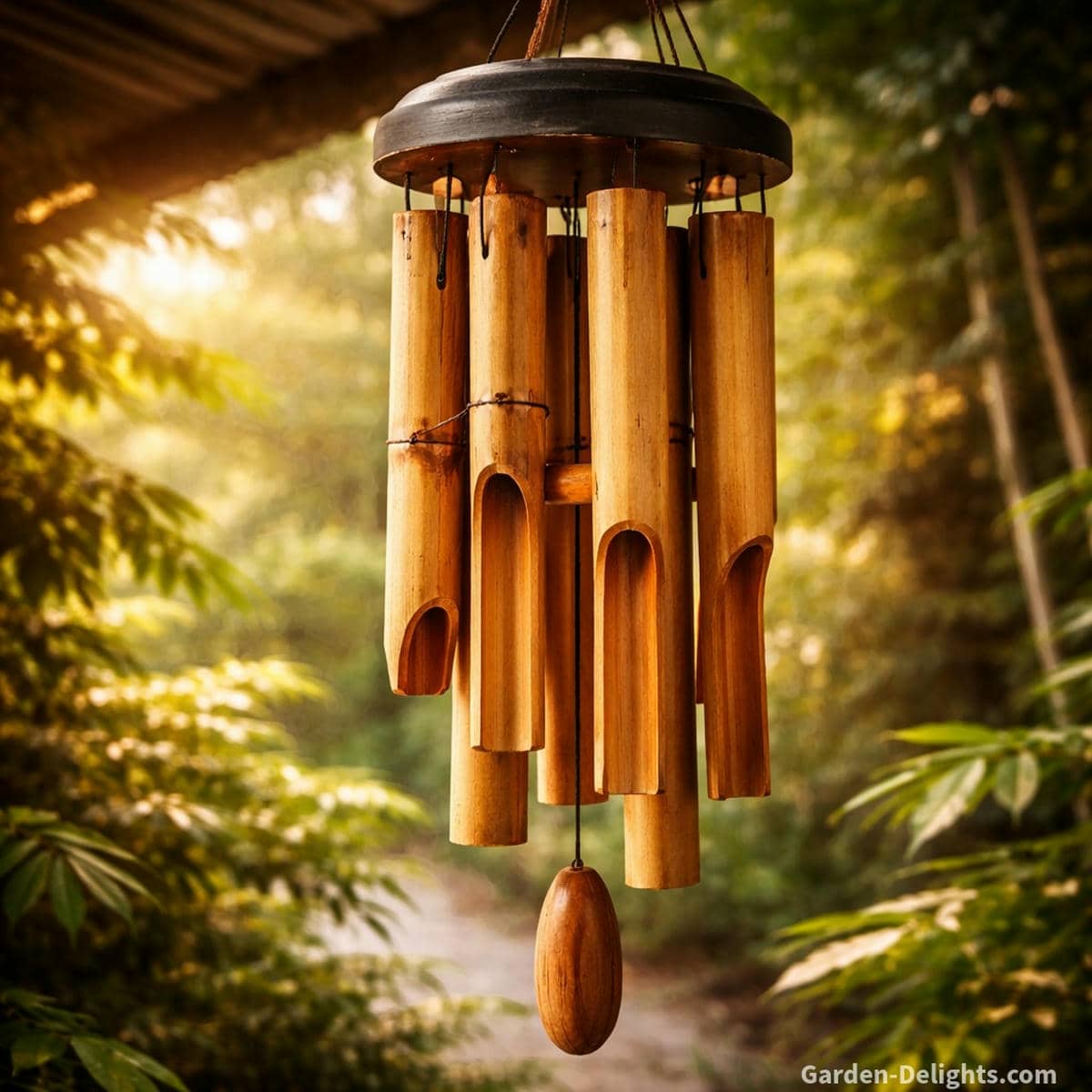 Bamboo healing wind chimes in gentle outdoor shade where soft airflow shapes warm wooden tone that supports grounding Root chakra energy emotional stability and peaceful Earth aligned flow