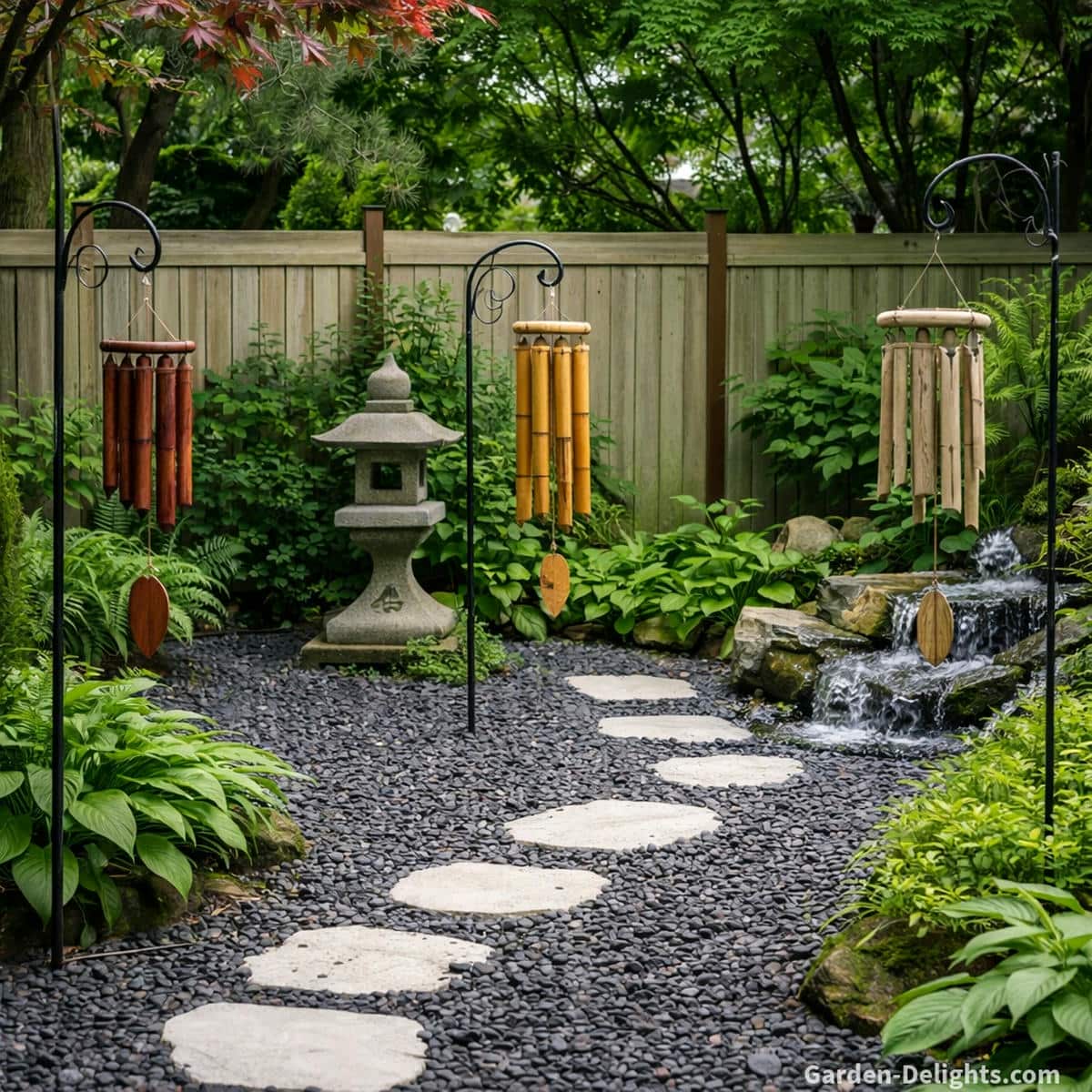 Bamboo and wooden wind chimes hanging from shepherd’s hooks beside a calm zen style garden path with dark gravel, white stepping stones, a stone lantern and a small waterfall that supports gentle tone and grounding energy
