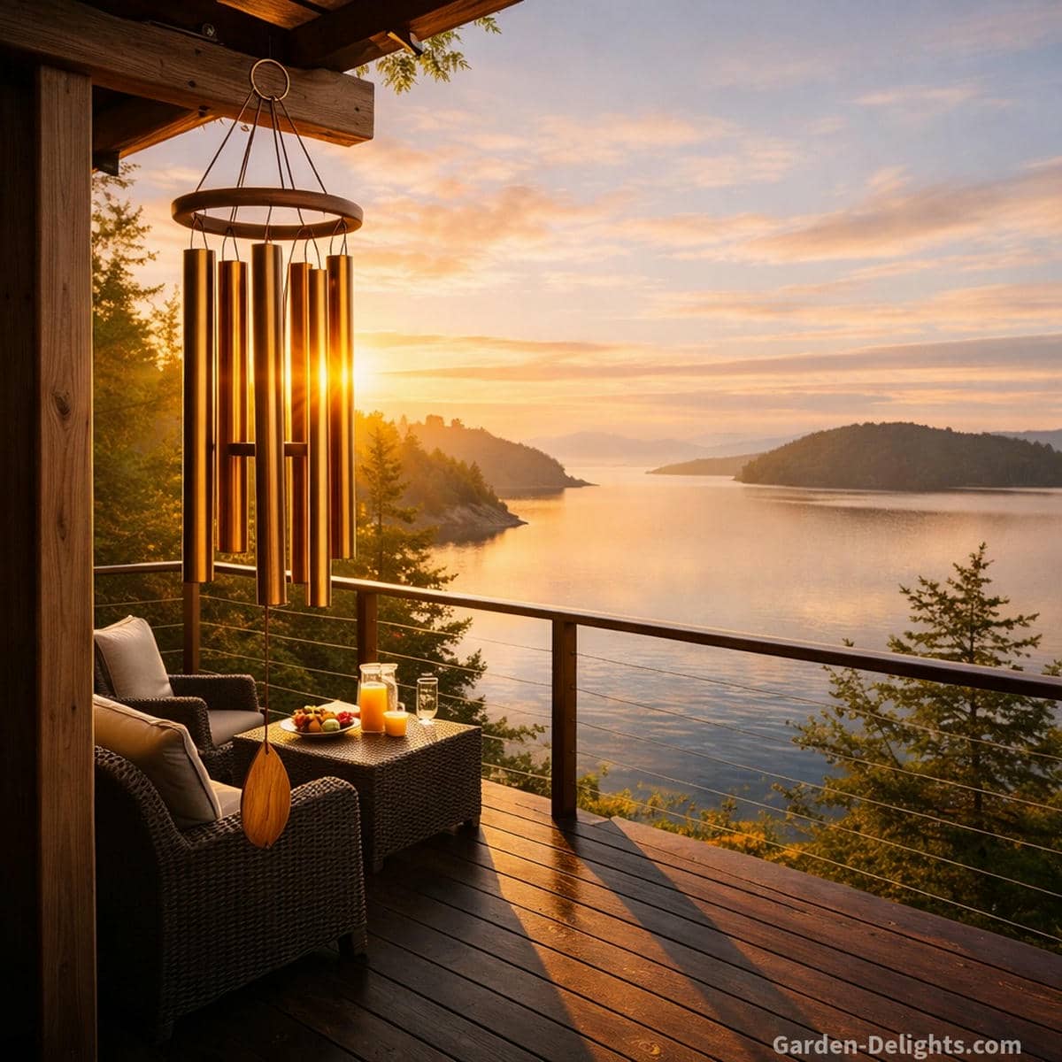 Bronze wind chimes from the referenced model glowing in bright sunrise light on a cliffside deck with wicker lounge chairs a small refreshment table clear lake reflections and warm calm energy that supports mindful healing and emotional clarity