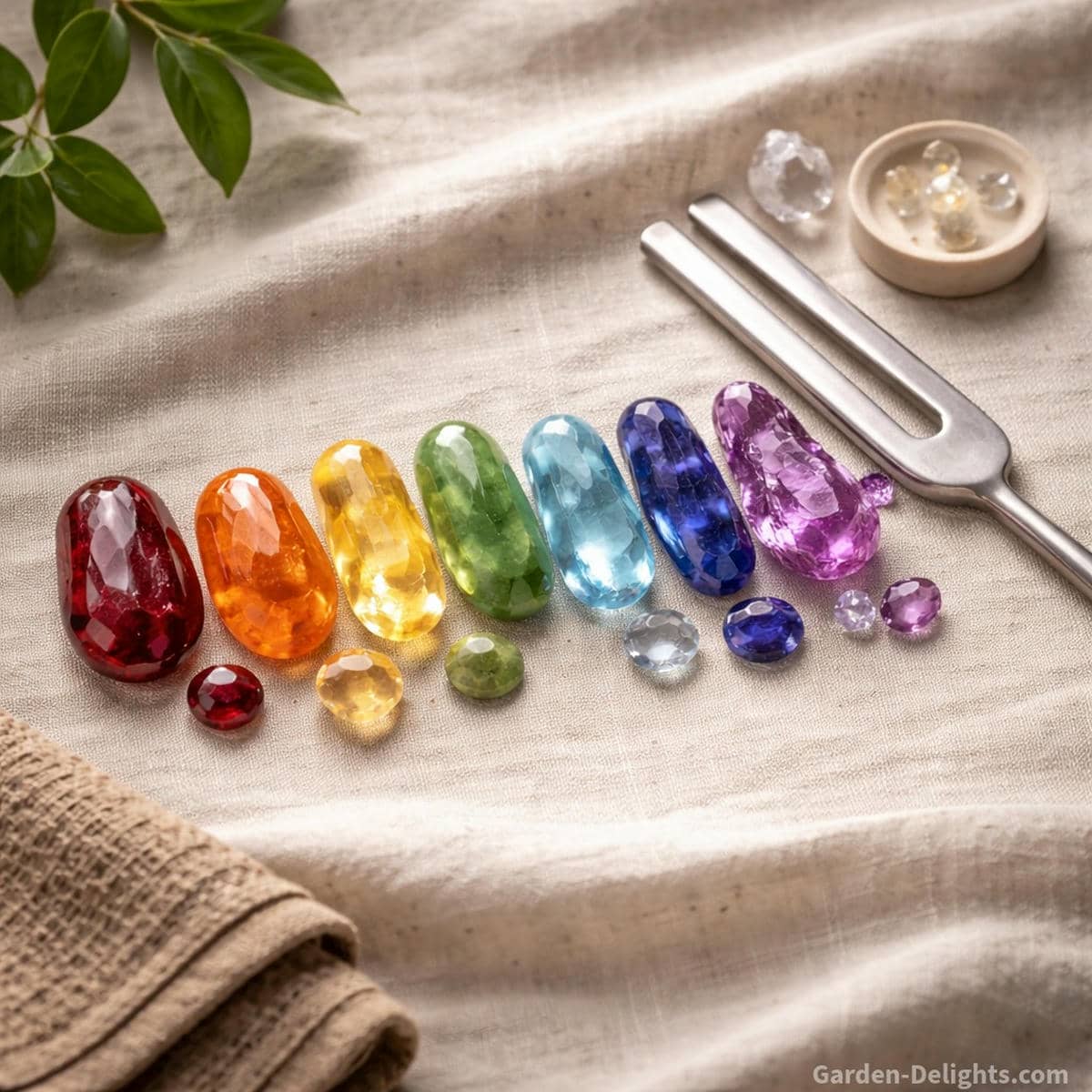 Chakra healing crystals arranged in color order beside a tuning fork and smooth natural linen background symbolizing color resonance crystal energy and sound therapy frequency alignment for meditation and emotional balance
