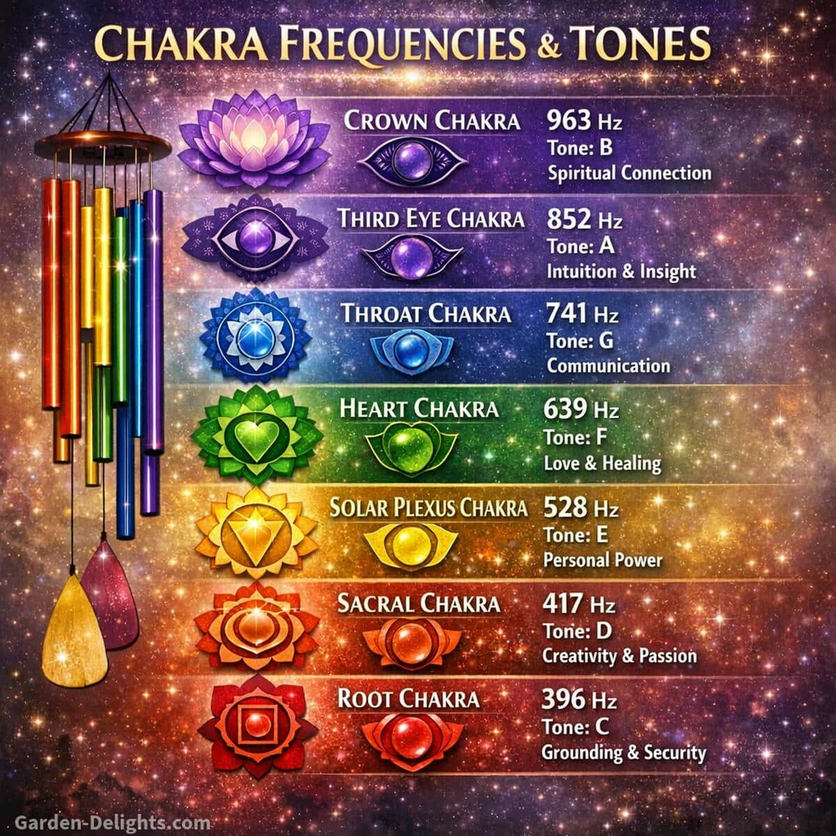 Chakra wind chimes color and frequency chart showing Root to Crown tones with 396 Hz to 963 Hz healing frequencies, C to B musical tones and symbolic meaning for energy alignment sound therapy and intuitive chakra balance