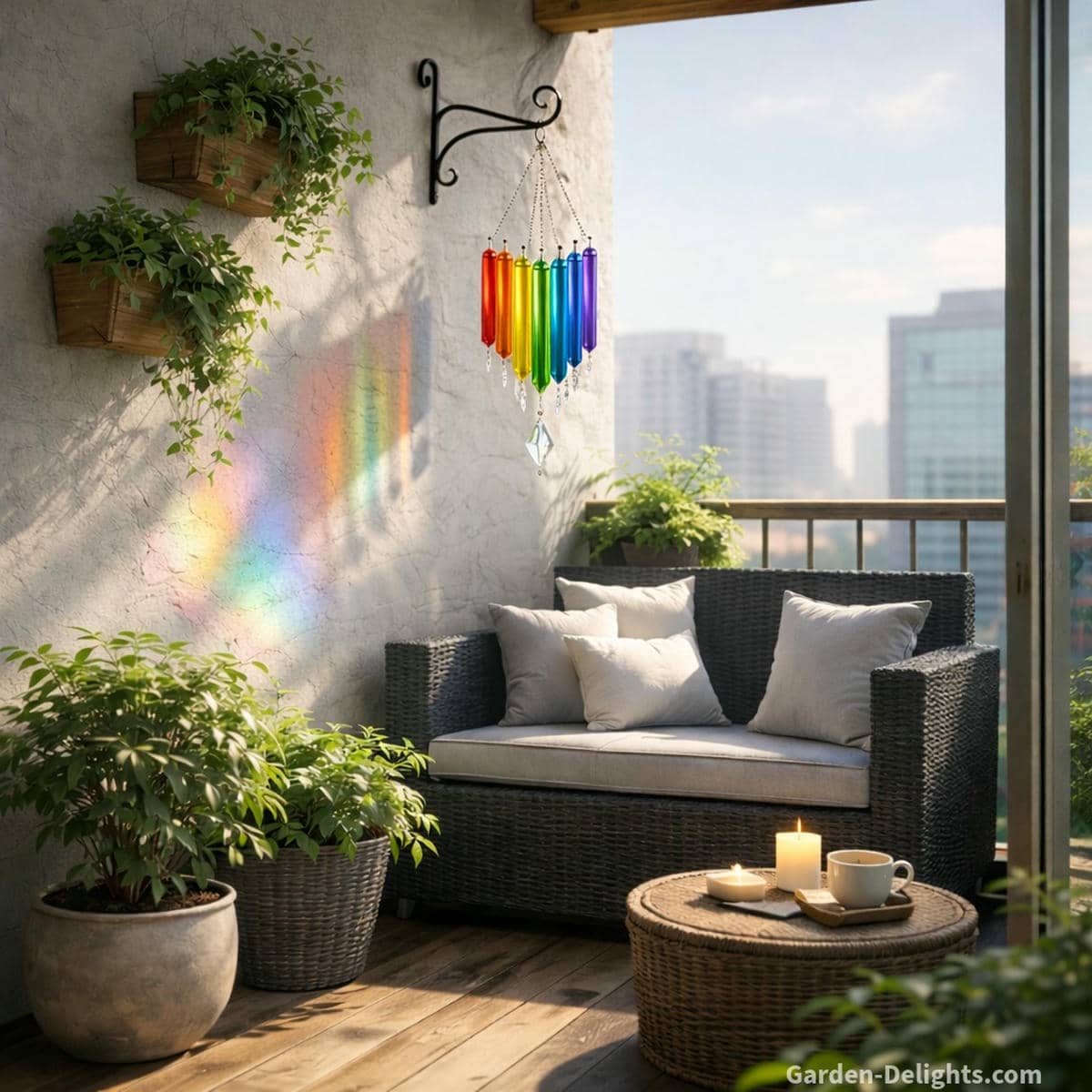 Chakra wind chimes hanging from a decorative wall hook on a small balcony with black wicker seating and soft morning light where colored crystal tubes cast gentle reflections that support calm energy flow and steady breath