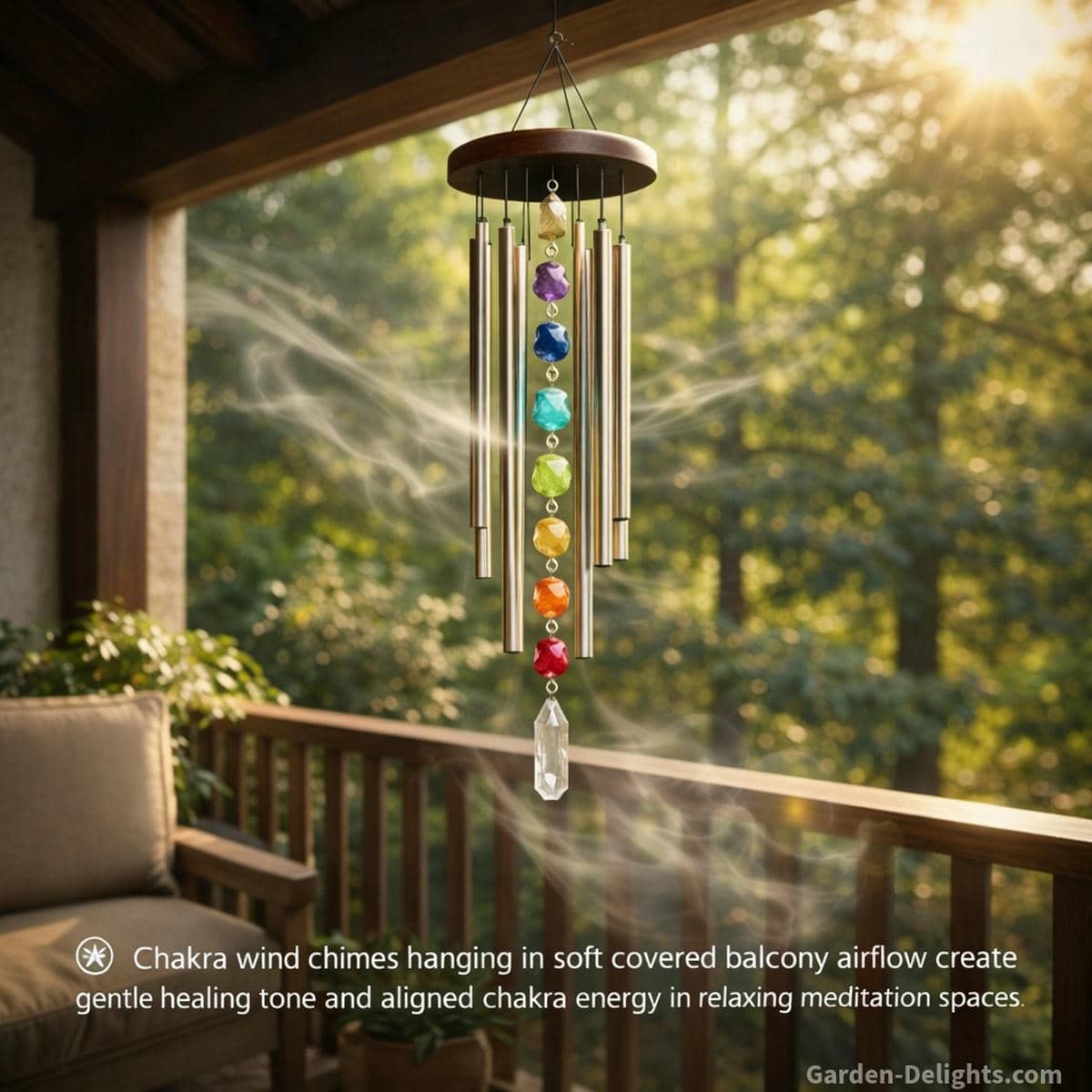 Chakra wind chimes hanging on a covered balcony where soft steady airflow guides tone purity chakra energy alignment aura cleansing emotional grounding and peaceful healing vibration for quiet meditation spaces