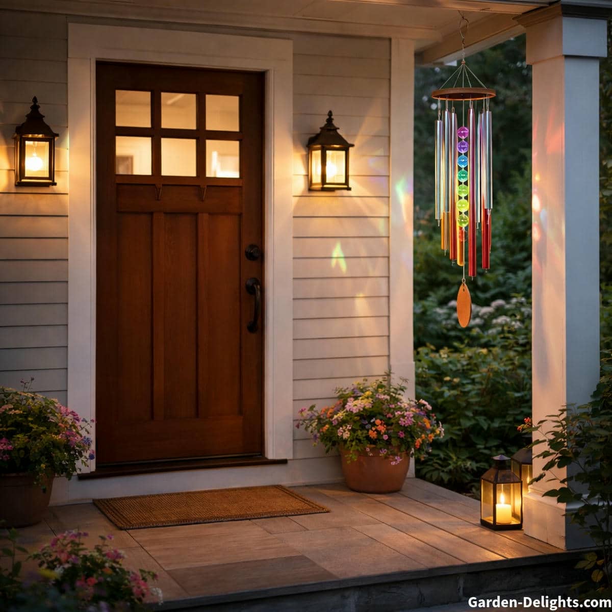 Rainbow aluminum chakra wind chimes hanging beside a cozy suburban front entrance with warm lantern lights a craftsman style wooden door terracotta flowers and soft twilight reflections that support emotional grounding healing resonance and a calm welcoming energy field