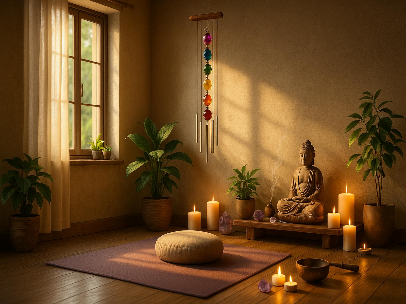 Healing and chakra wind chimes hanging in a serene indoor meditation space with soft natural light, yoga decor, and energy-balancing crystals for sound therapy, spiritual healing, and chakra alignment at home.