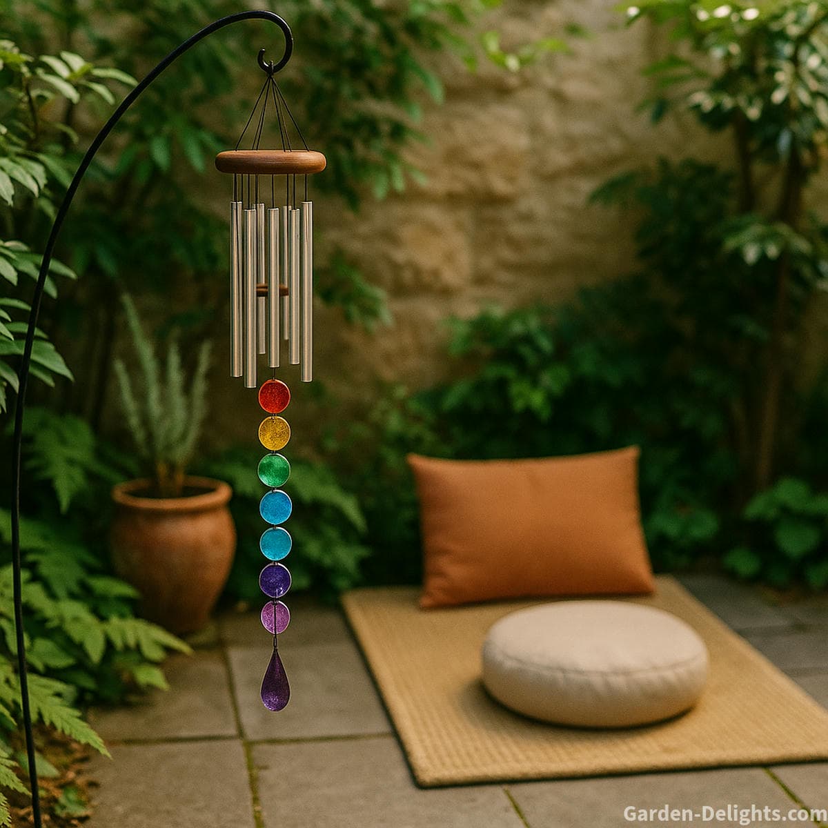 Chakra healing wind chimes hanging on a meditation balcony creating calming sound colorful energy flow and peaceful spiritual outdoor ambiance