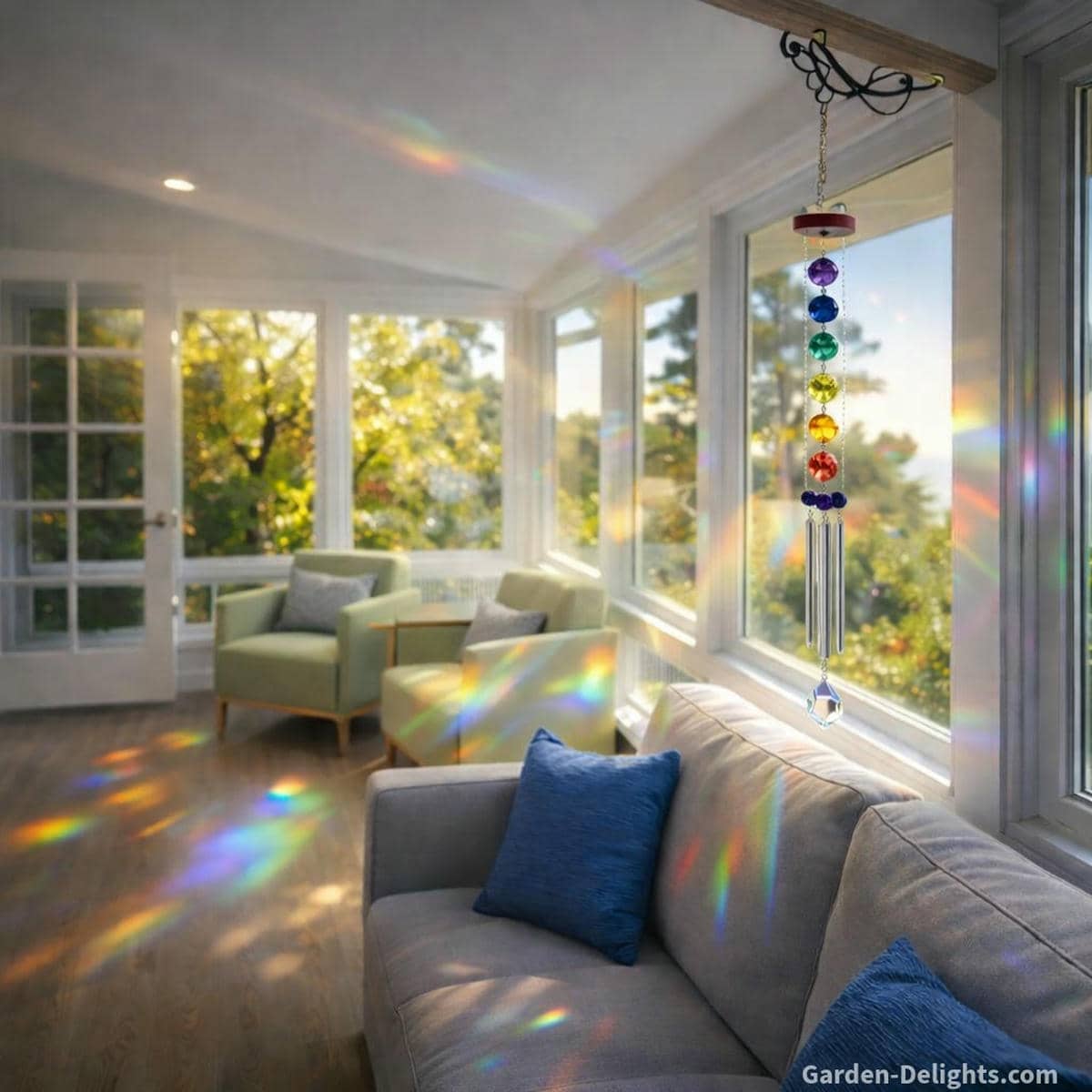 Smaller chakra wind chimes hanging high near the sunroom ceiling with soft rainbow reflections glowing across light grey seating and light green chairs creating gentle energy flow aura cleansing and calm morning healing tone
