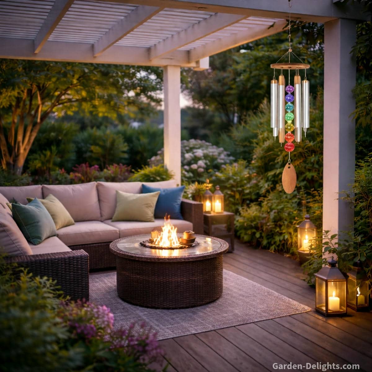 Small aluminum chakra wind chimes with frosted gemstone beads and a leaf windcatcher hanging from a white pergola above a warm backyard deck with wicker seating soft firelight lantern glow and gentle airflow that supports healing frequency resonance aura cleansing and emotional grounding