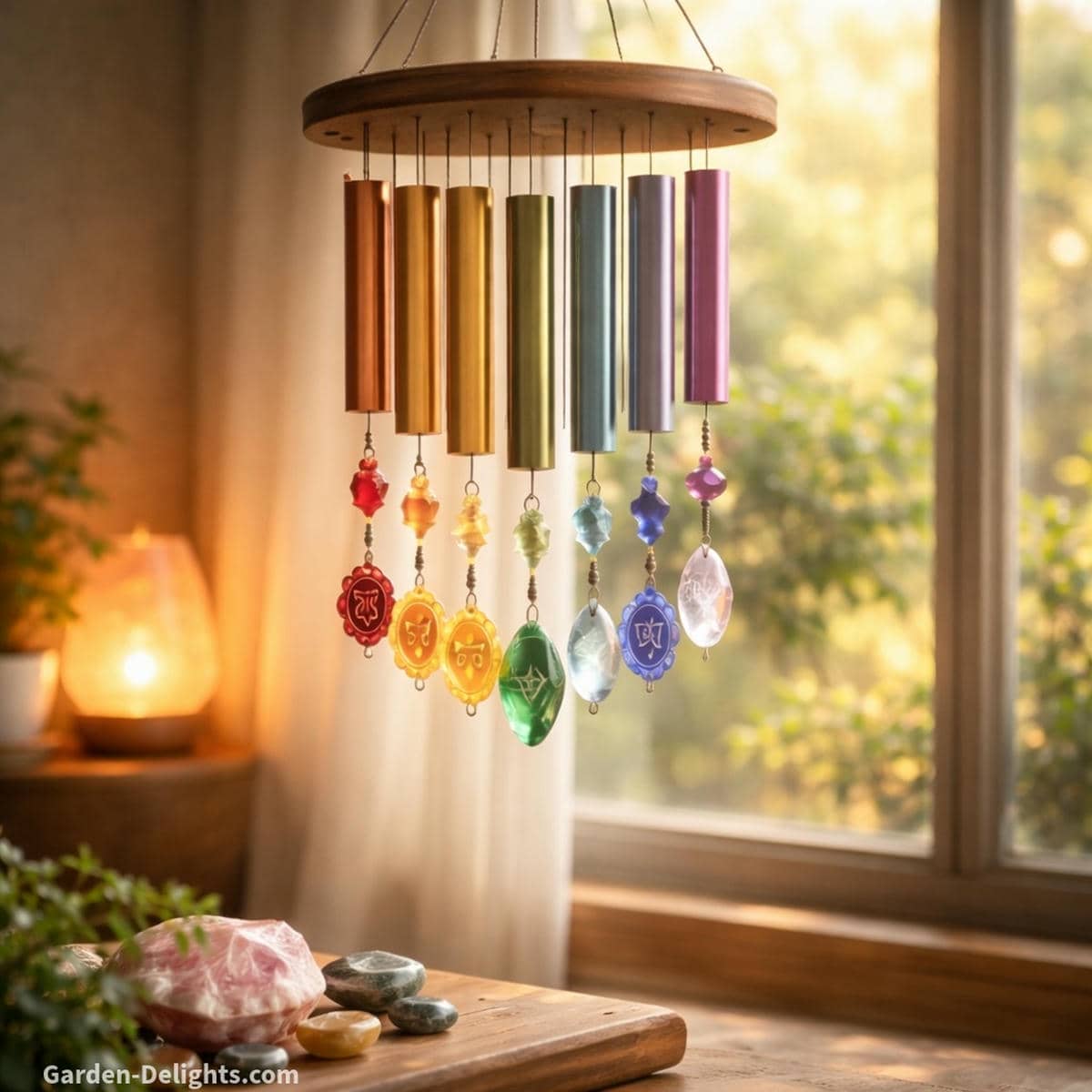 Chakra wind chimes with soft pastel crystals and gentle tone tubes glowing near a sunlit window that supports calm emotional balance and peaceful daily flow