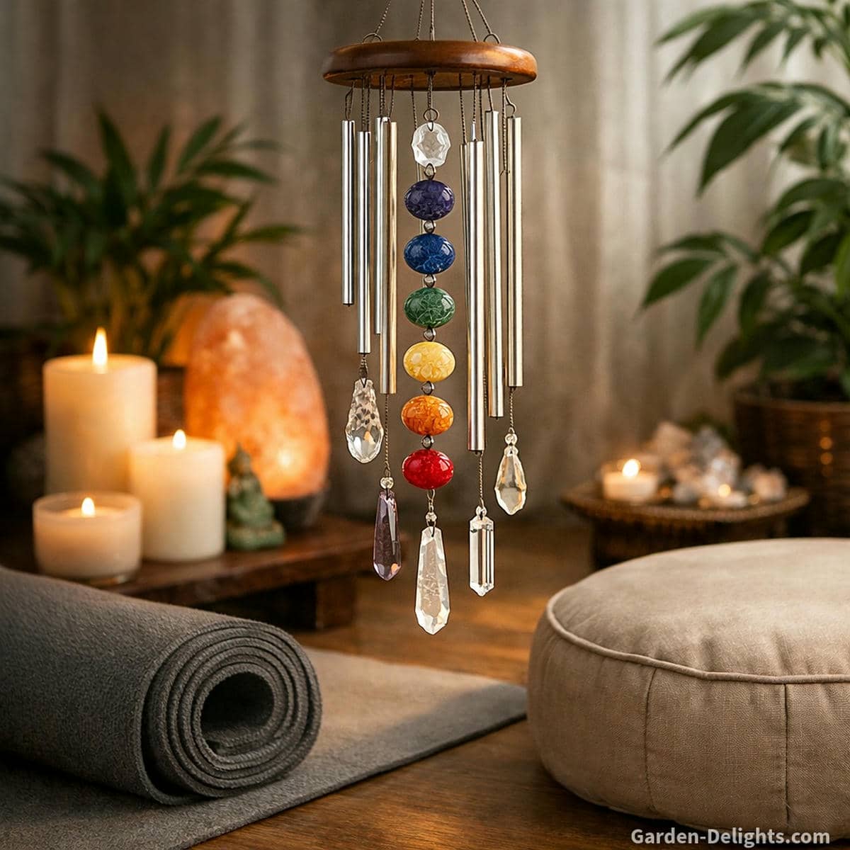 Chakra wind chimes made of crystals and tuned metal rods hanging beside candles, plants, and a yoga mat in a serene healing space that reflects Solfeggio frequency calm and emotional balance.