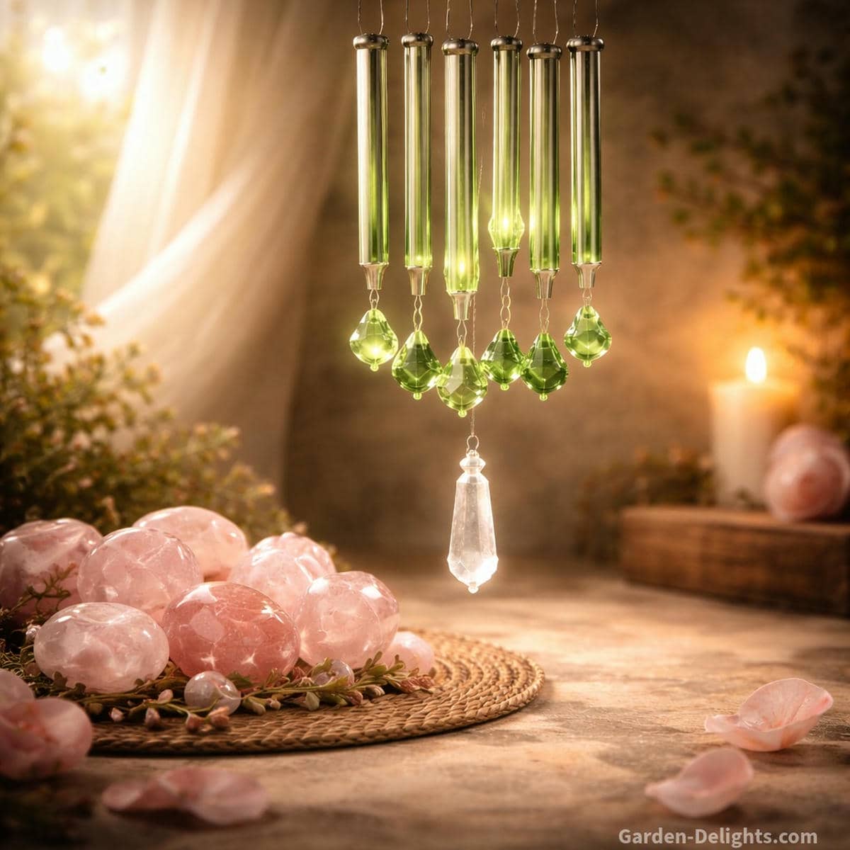 Heart chakra wind chime with soft green crystals and gentle resonant metal rods glowing in warm healing light to support emotional healing compassion energy balance and mindful breathwork