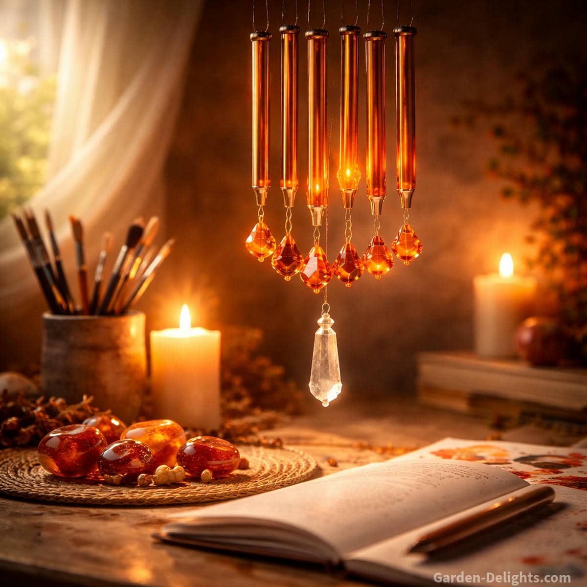 Sacral chakra wind chime with orange crystals and flowing tuned tones glowing in a peaceful meditation space for emotional healing creativity and energy movement