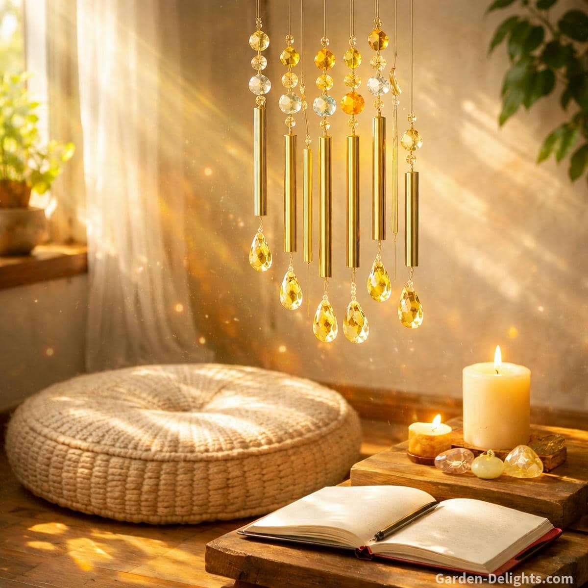 Solar plexus chakra wind chime with bright yellow crystals and clear resonant metal rods glowing in warm meditation light to support confidence inner strength and steady empowered energy flow