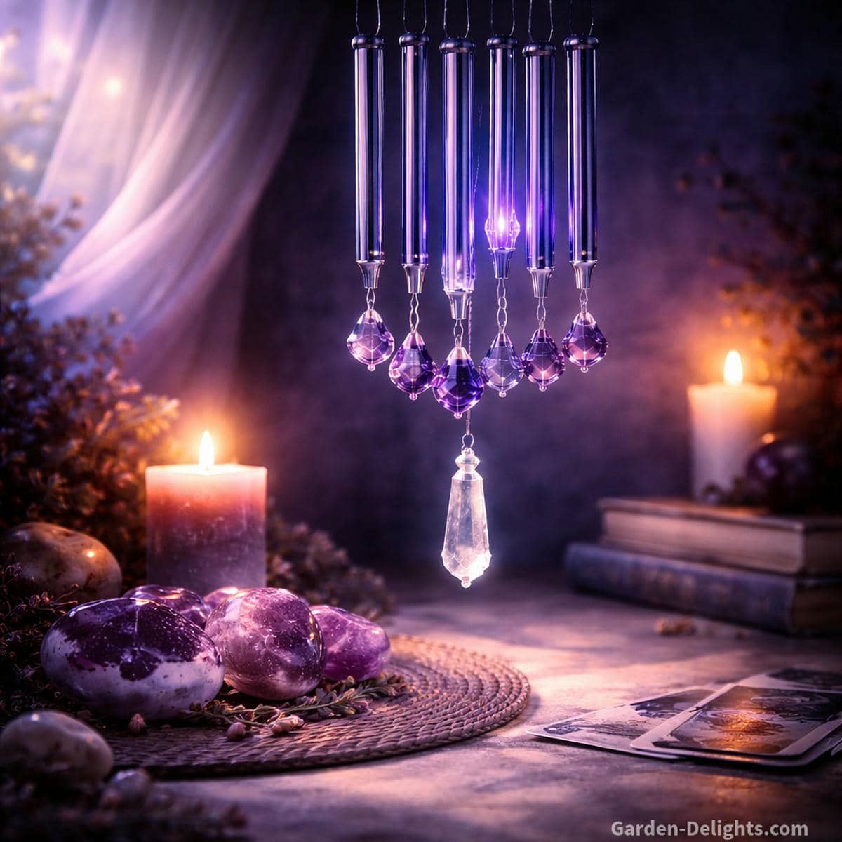 Third eye chakra wind chime with deep indigo crystals and tuned metal rods glowing with soft mystical light to support intuition inner vision spiritual clarity and calm reflective energy flow