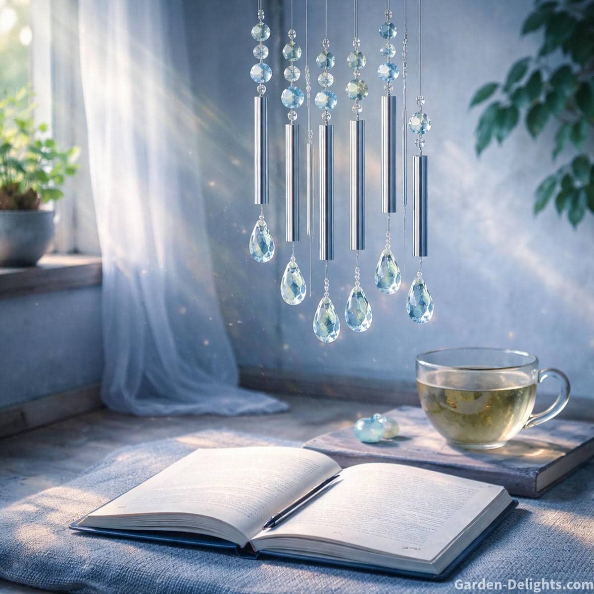 Throat chakra wind chime with calming blue crystals and tuned resonant metal rods glowing in peaceful soft light to support clear expression honest communication energy flow and mindful breath