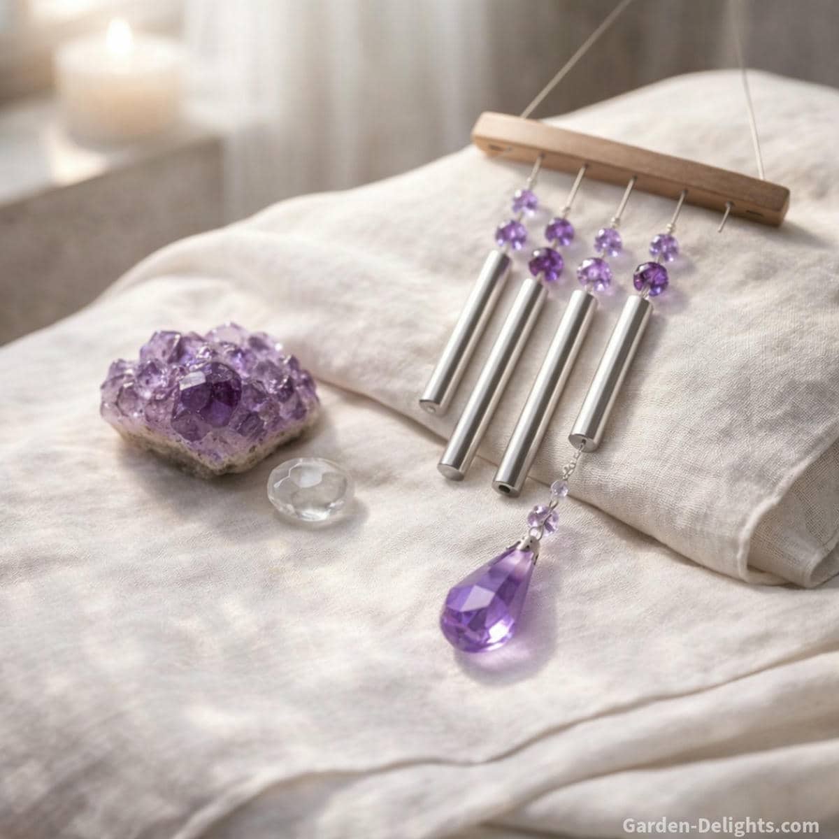 Crown chakra wind chime with violet quartz and clear tuned rods resting beside a soft white meditation cloth symbolizing spiritual clarity higher awareness and peaceful sound therapy energy alignment