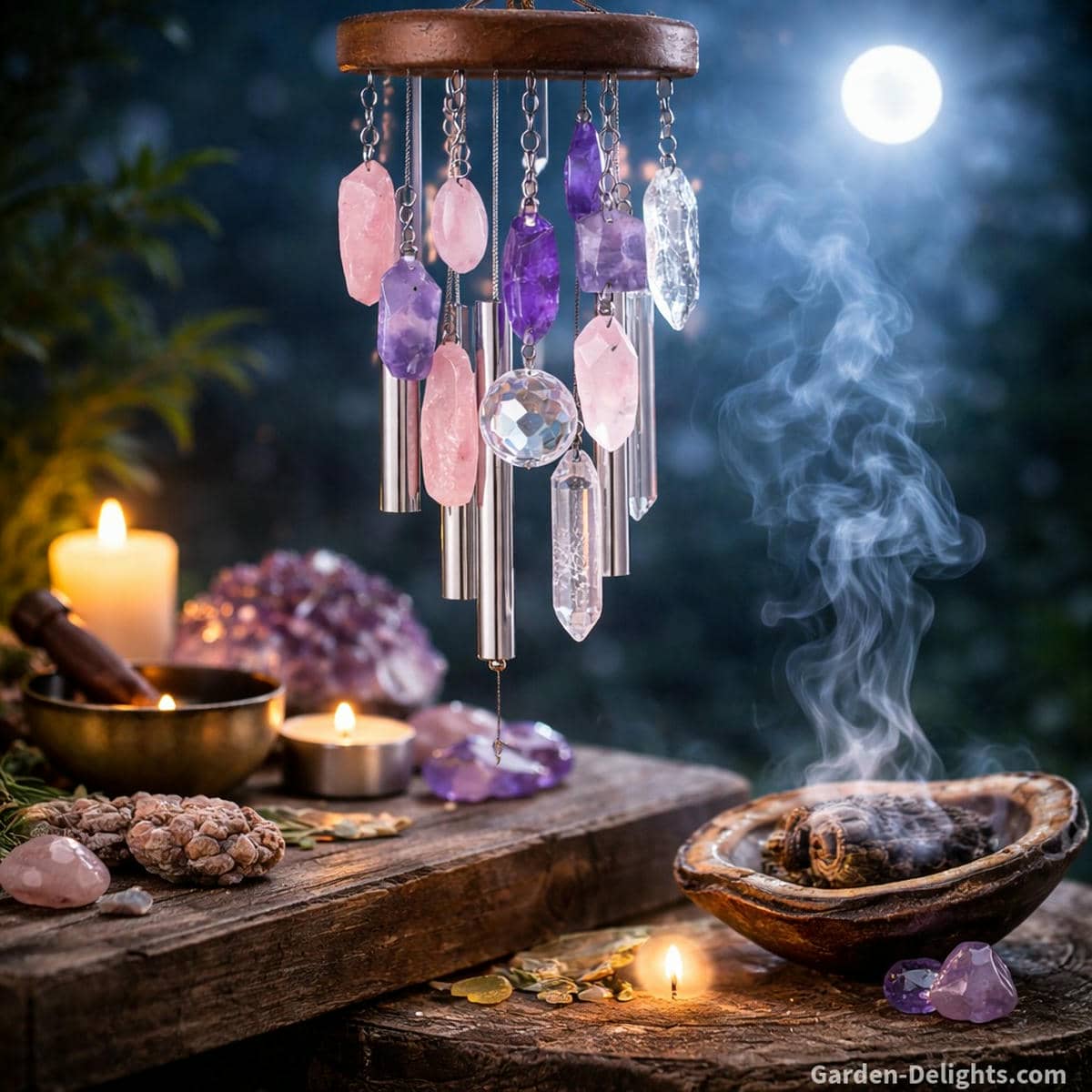 Crystal wind chimes glowing under soft moonlight beside a small altar with sage sound tools and gentle airflow supporting energetic cleansing aura clearing and spiritual charging
