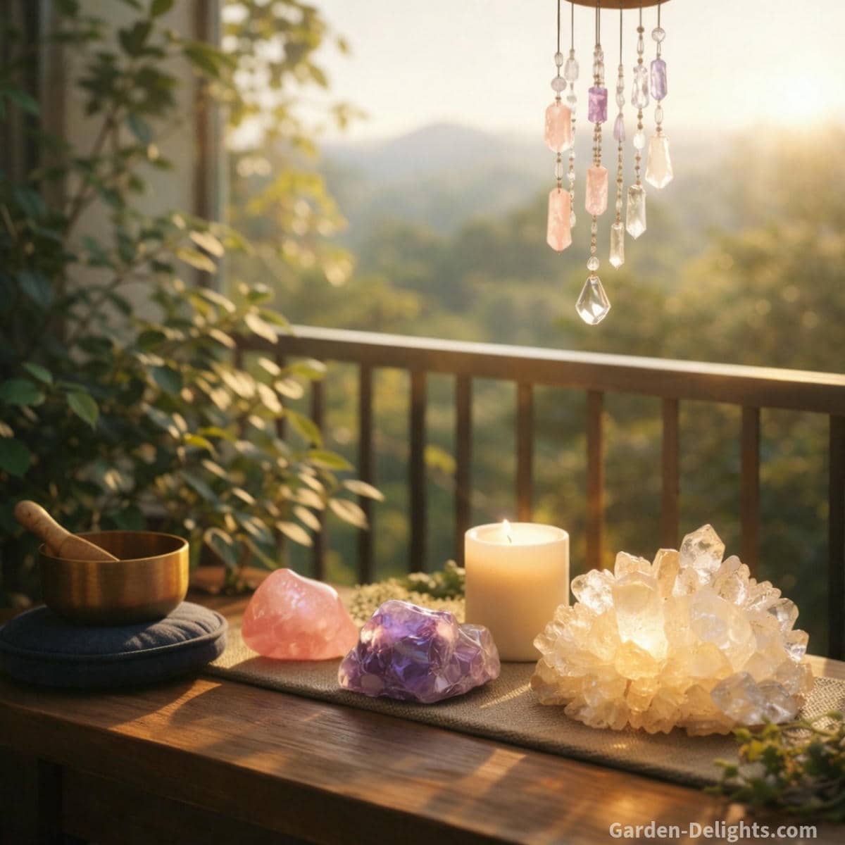 Crystal wind chimes made with rose quartz amethyst and clear quartz hanging above a small balcony healing altar with warm sunlight soft airflow and gentle energy movement creating symbolic emotional clarity intuitive grounding and cleansing Chi flow