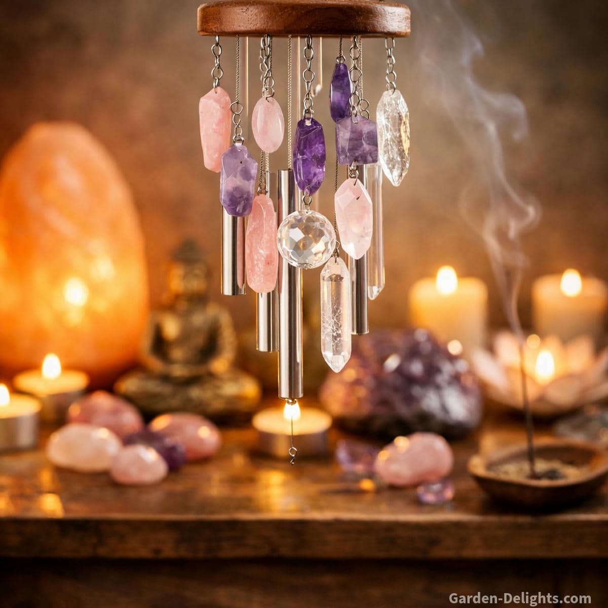Crystal healing wind chimes made with rose quartz amethyst and clear quartz glowing near a meditation altar where warm gemstone energy supports emotional release spiritual grounding and gentle aura clarity