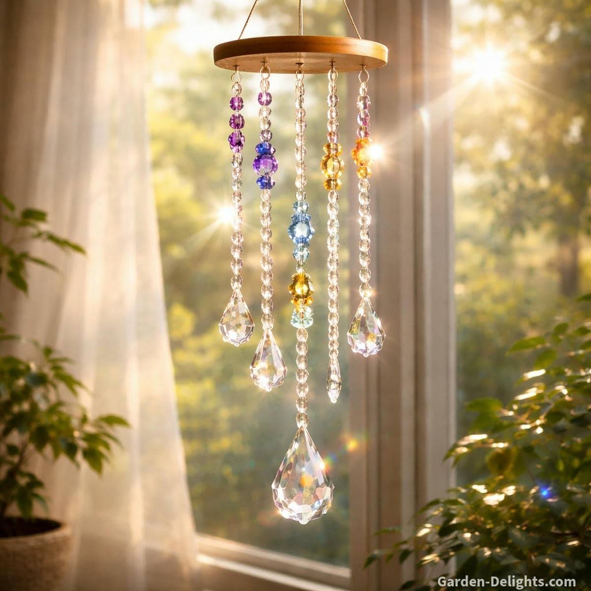 Crystal wind chimes glowing in soft light where gentle airflow activates bright harmonic resonance supporting chakra clarity aura cleansing and intuitive emotional balance
