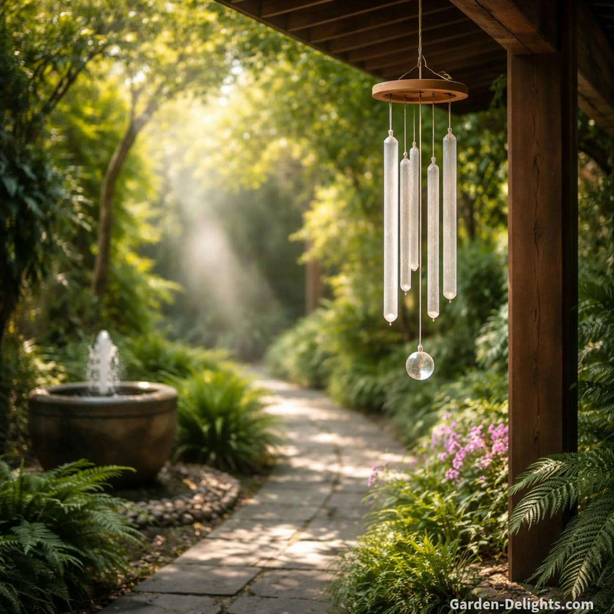 Feng Shui healing wind chimes in a calm garden corridor showing chi movement soft airflow pathways and chakra aligned energy flow for Bagua placement and emotional balance