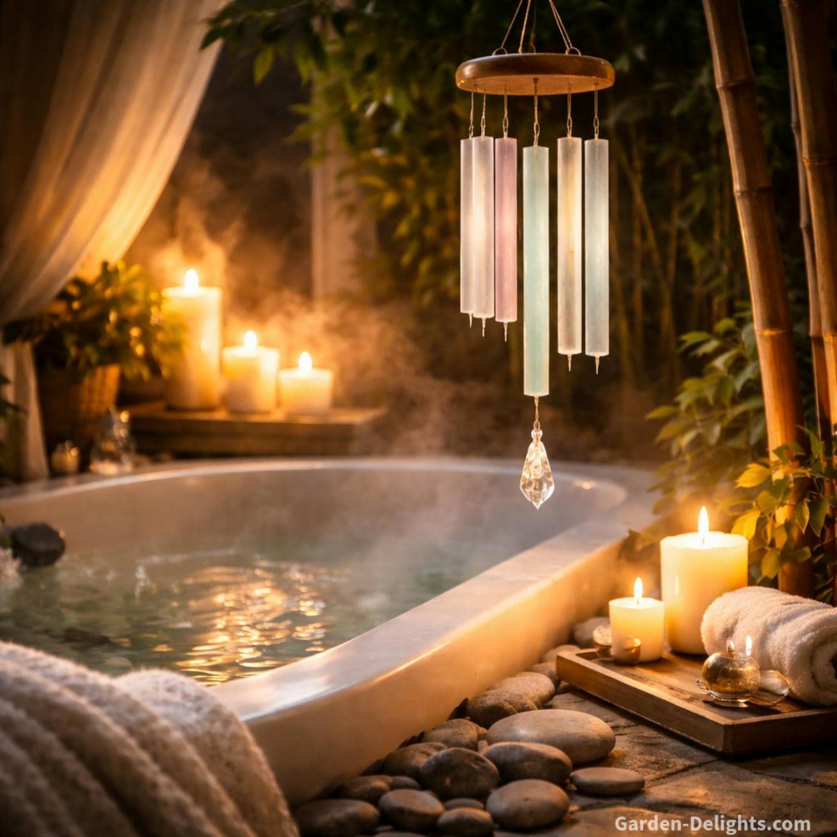 Frosted crystal tube healing wind chimes glowing over a warm bath sanctuary with steam, candlelight, smooth stones, and bamboo plants where gentle resonance supports restful sleep, Feng Shui cleansing, and deep emotional recovery.