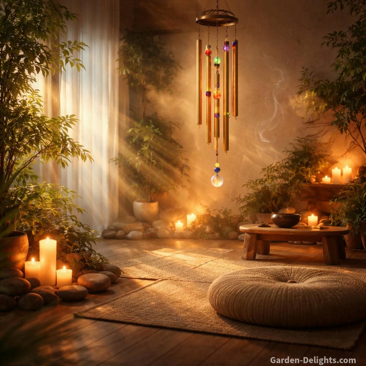 Healing chakra wind chimes glowing in a warm meditation room with golden sunlight soft candles woven floor cushion smooth stones gentle plants and calm airflow that supports somatic ease chi flow emotional grounding and mindful energy balance