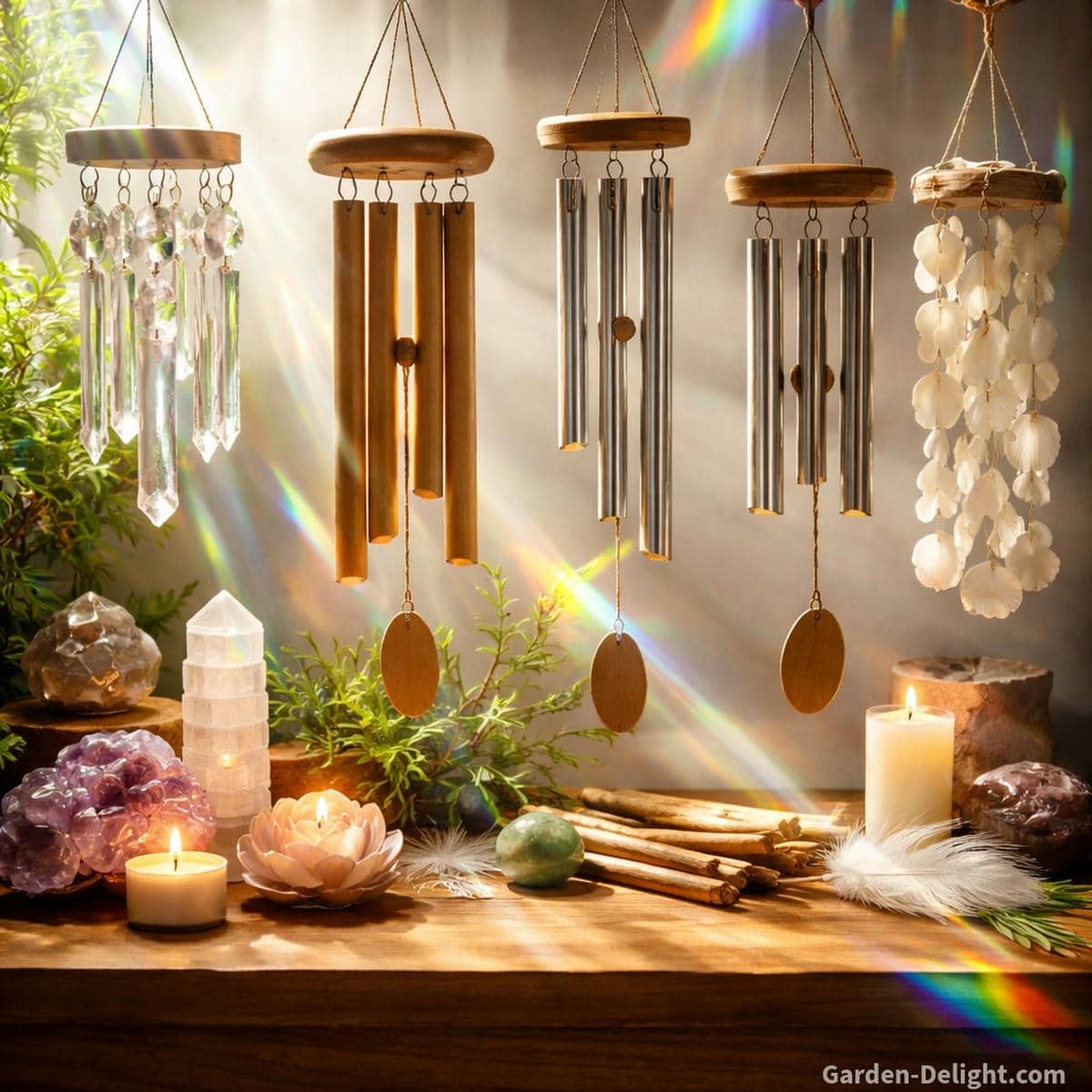 Crystal bamboo metal and shell wind chimes arranged beside a sunlit meditation altar where soft prism light reflects across the materials showing chakra healing aura cleansing grounding energy and emotional balance