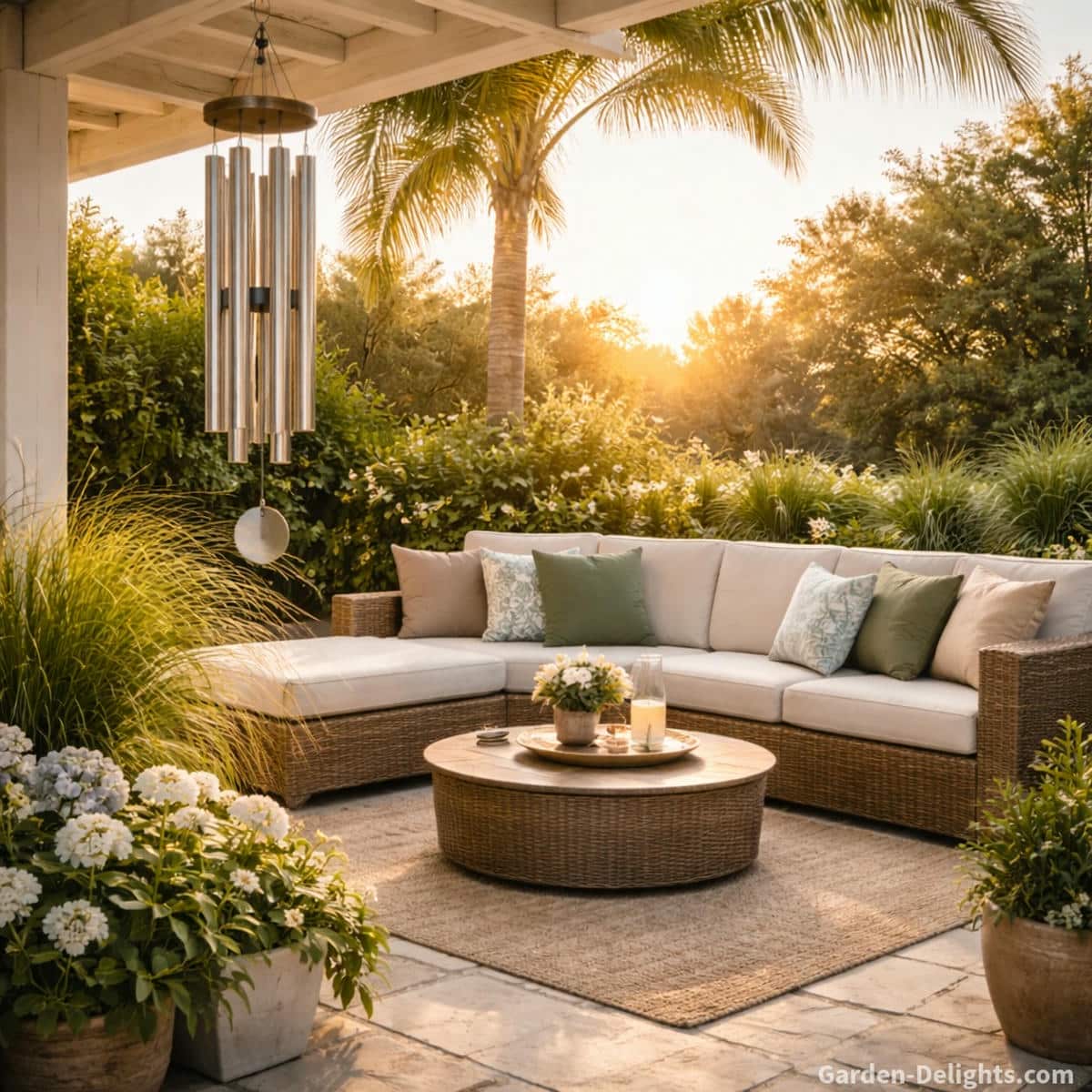 Tuned metal wind chimes hanging high above a modern patio lounge with wicker seating soft cushions golden hour light palm trees and gentle airflow that creates calm emotional balance and peaceful acoustic energy