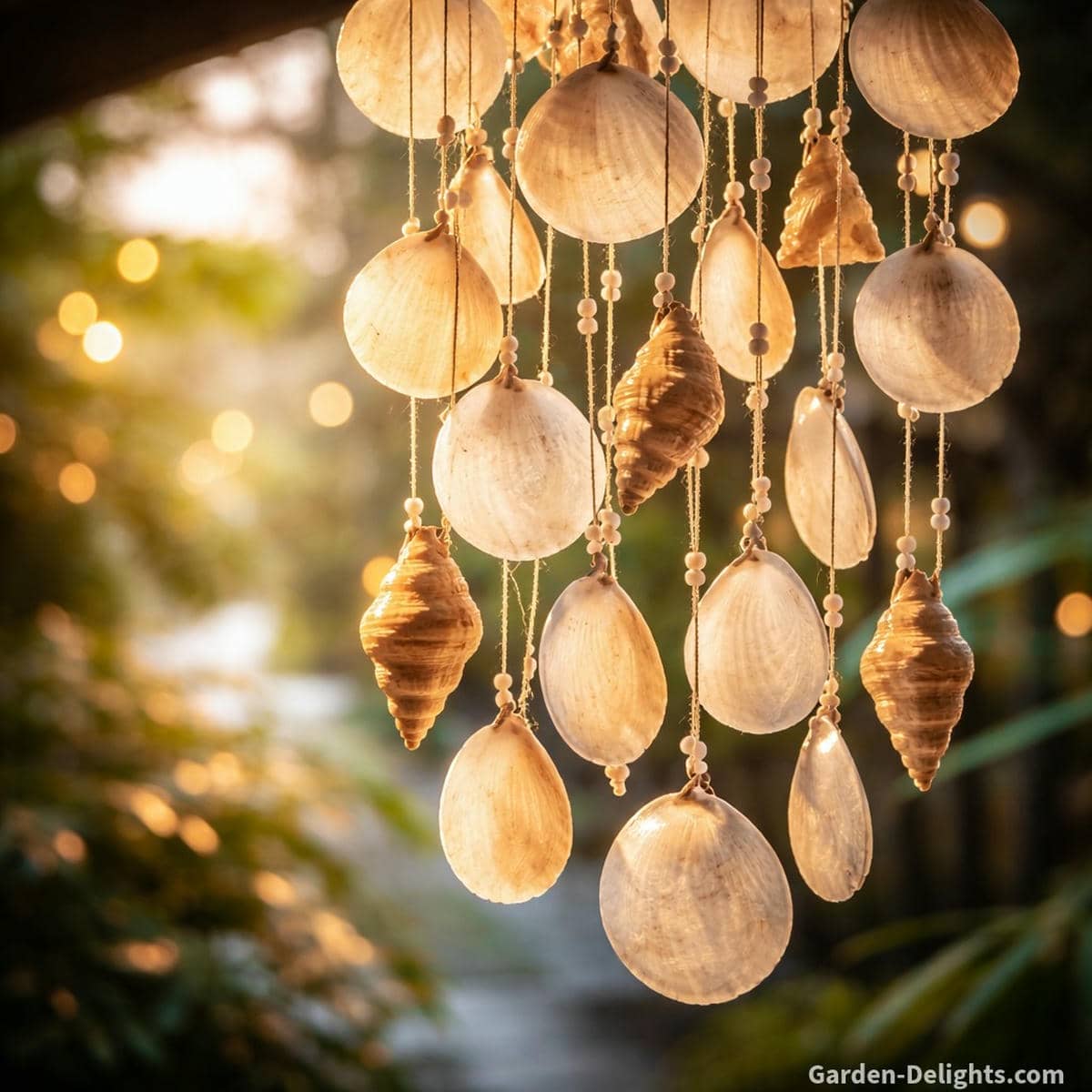 Shell wind chimes glowing in warm light with soft airflow creating gentle rhythmic tone that supports emotional release chakra comfort and peaceful water element healing