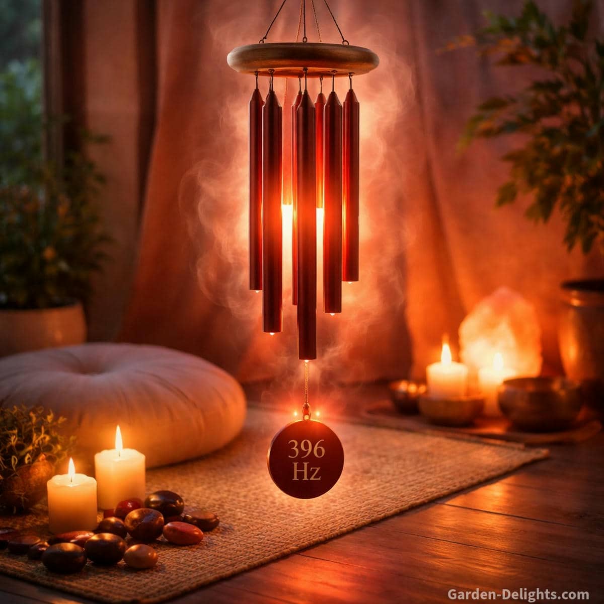 396 Hz Solfeggio wind chime glowing with warm red grounding light in a peaceful meditation nook where soft resonance supports fear release emotional grounding and steady somatic calm