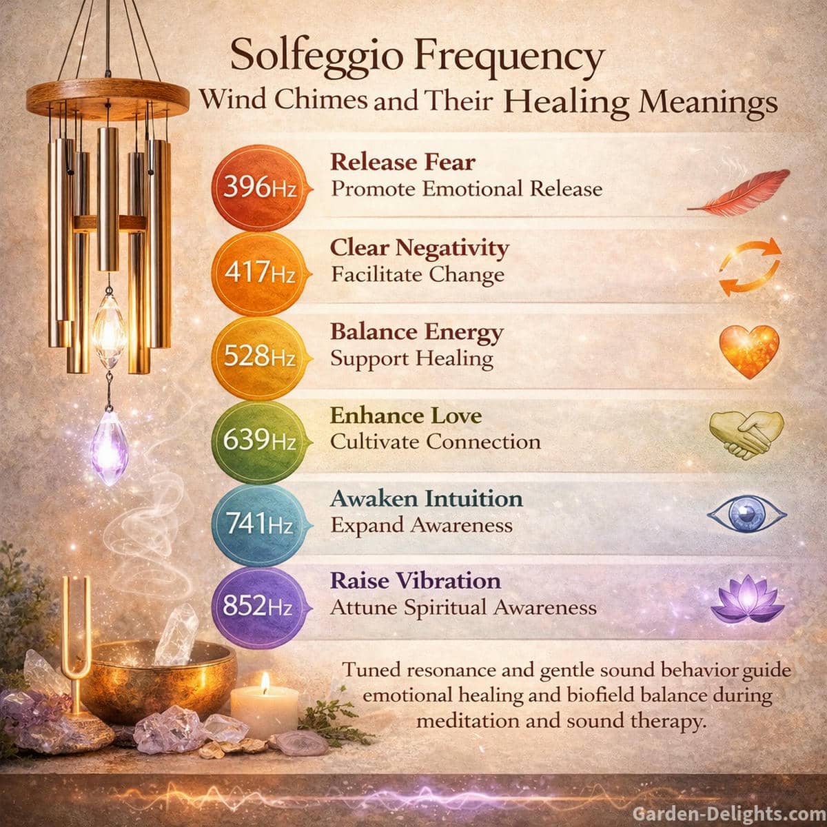 Solfeggio frequency wind chimes shown as an infographic with healing meanings for 396 Hz 417 Hz 528 Hz 639 Hz 741 Hz and 852 Hz explaining emotional release connection harmony and spiritual clarity for meditation and sound therapy
