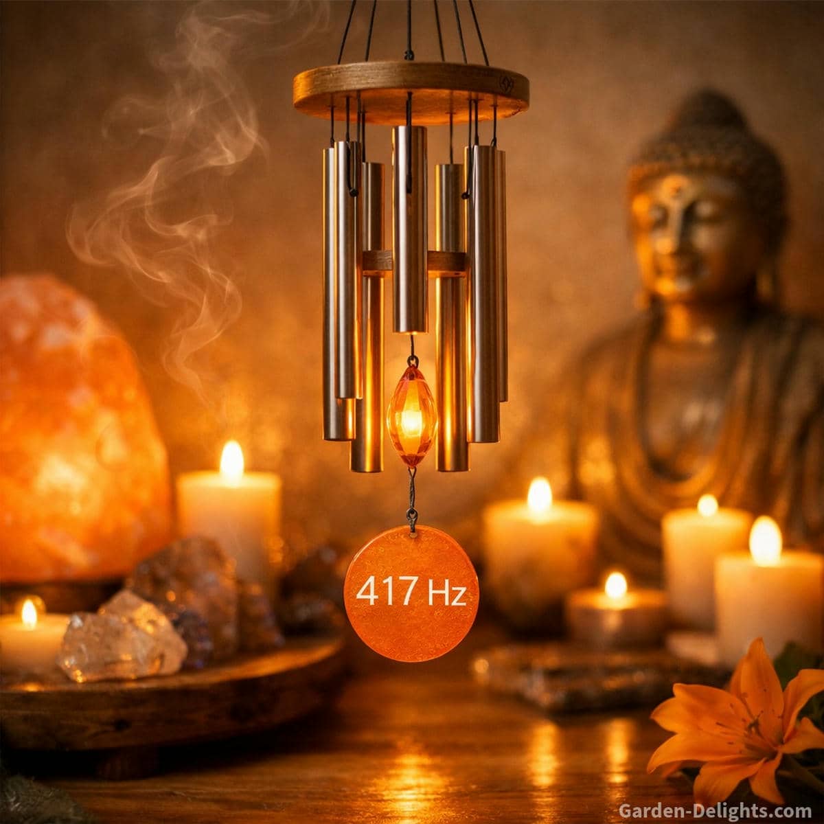 417 Hz Solfeggio frequency wind chime glowing with warm orange light in a peaceful healing space where soft resonant tone supports clearing old patterns emotional release and gentle life transitions
