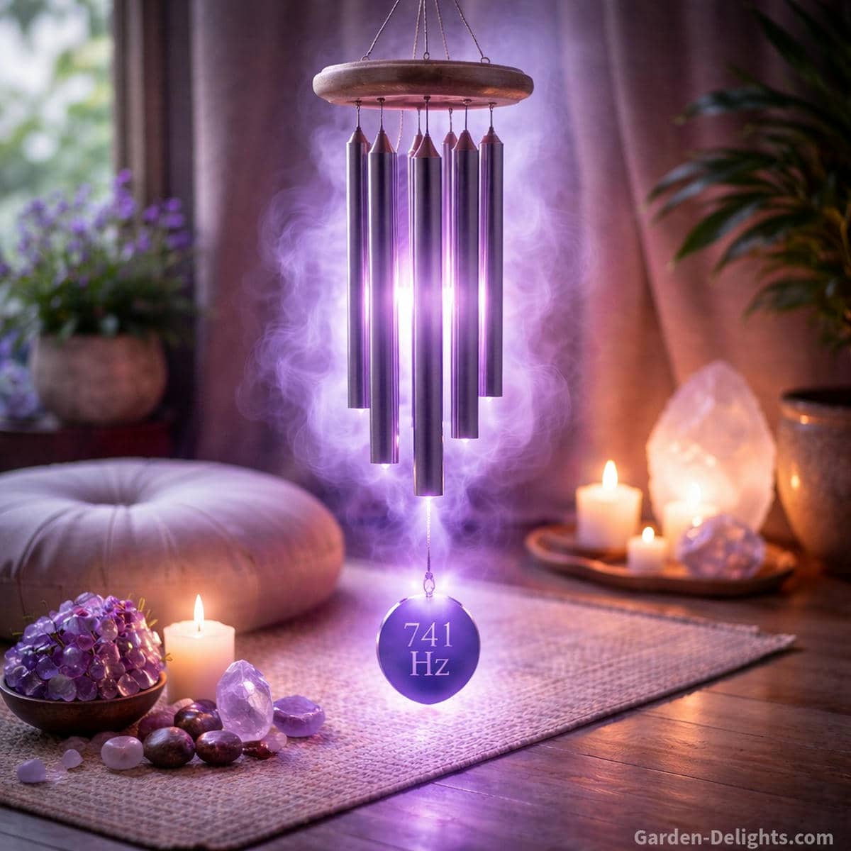 741 Hz Solfeggio wind chime glowing with soft violet light and clean resonant tone that supports intuition clarity spiritual activation and energy clearing in a calm meditation space