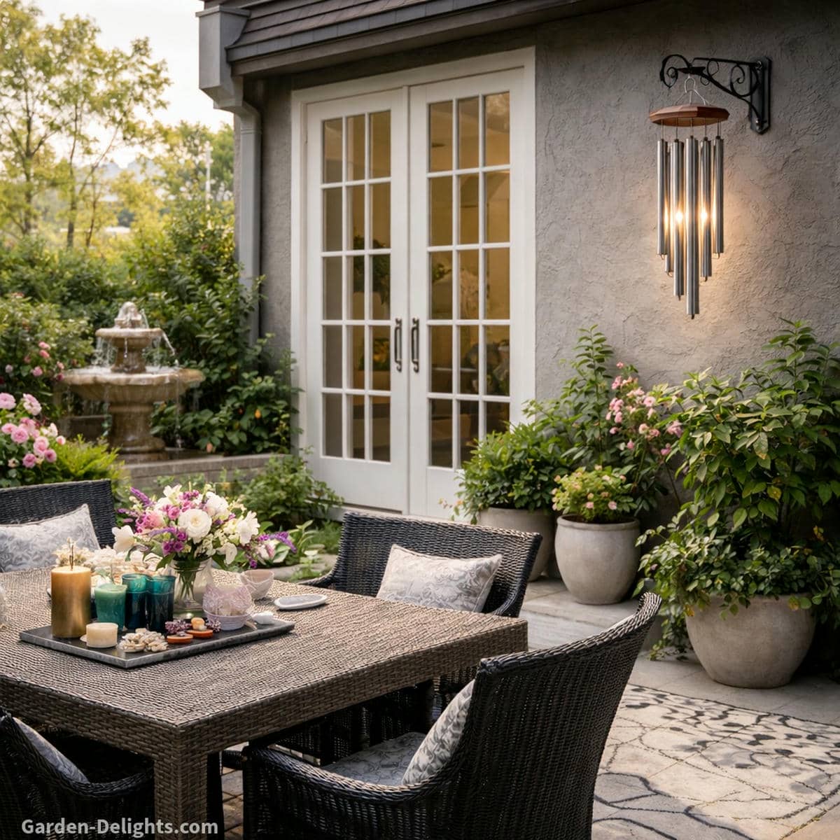 Solfeggio frequency wind chimes hanging on a soft daylight patio beside a grey home with white trim overlooking a garden fountain nestled in lush greenery where gentle sound flow supports intention setting emotional healing and vibrational harmony