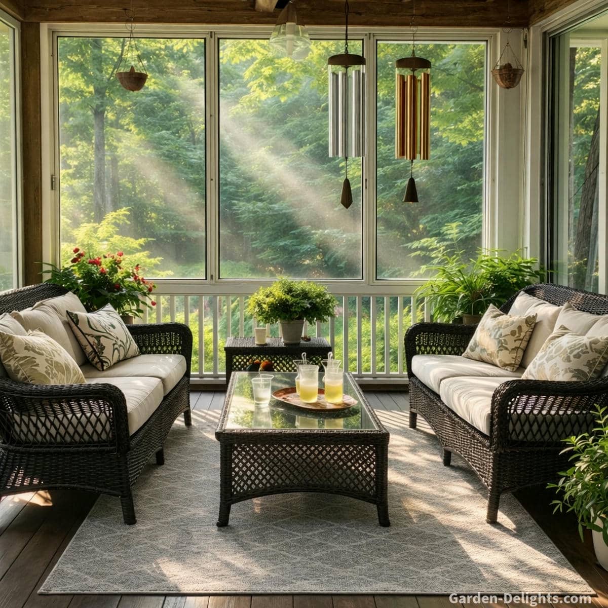 Bronze and aluminum tuned wind chimes hanging in a peaceful sunroom with black wicker seating soft grey rug and warm morning light that guides Chi flow meditation comfort and emotional grounding
