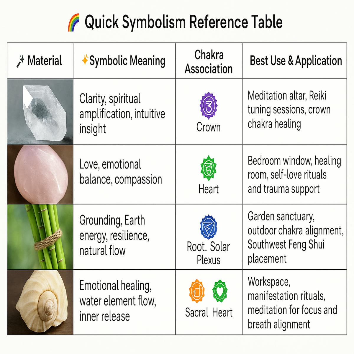 Wind chime materials symbolism chart showing crystal, bamboo, metal, and shell wind chimes with chakra healing, grounding, emotional balance, and spiritual clarity