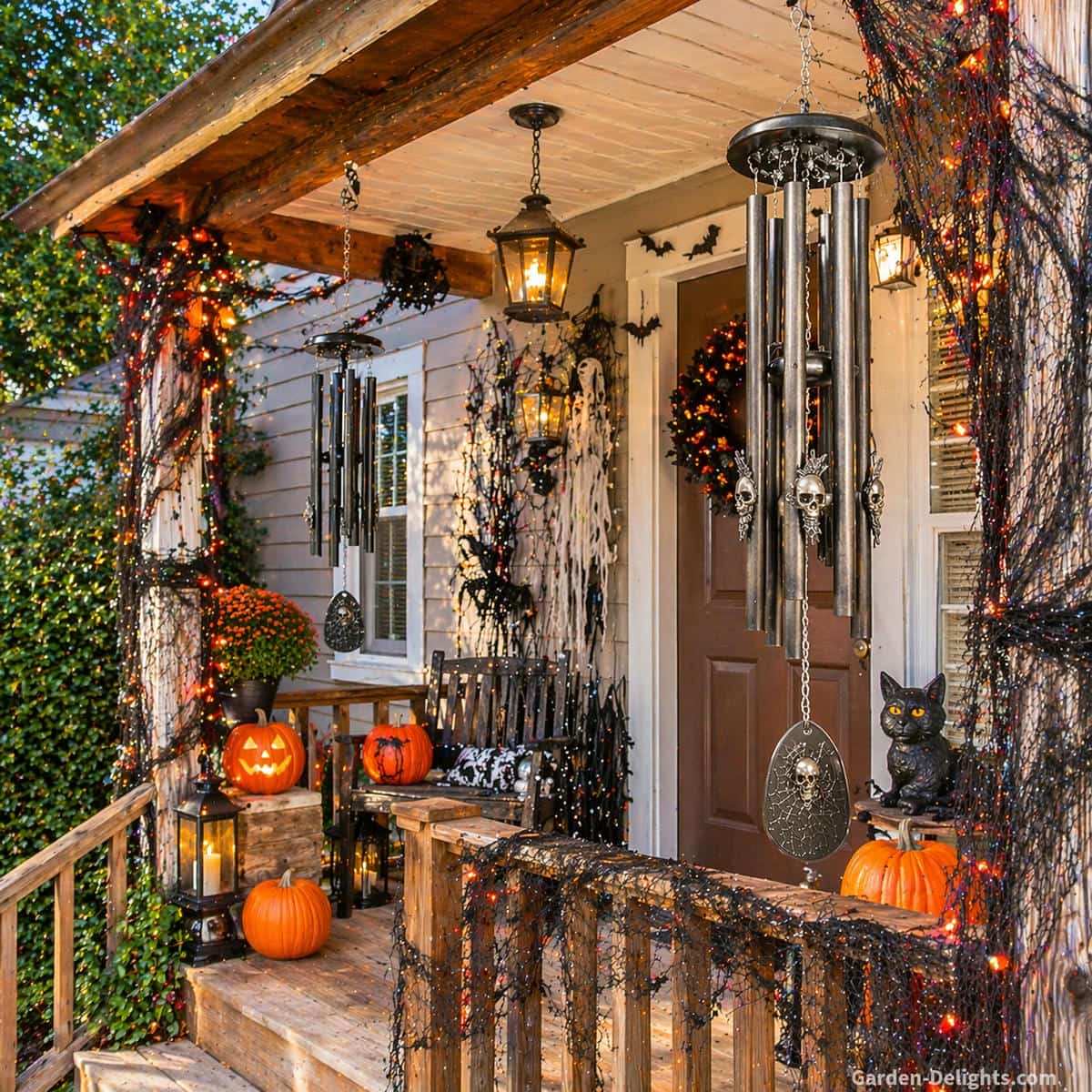 halloween wind chimes hanging on a dark porch with flickering orange lights, metal and hollow chimes creating sharper sound, faster airflow movement casting shadows across a spooky outdoor setting with pumpkins and seasonal decor