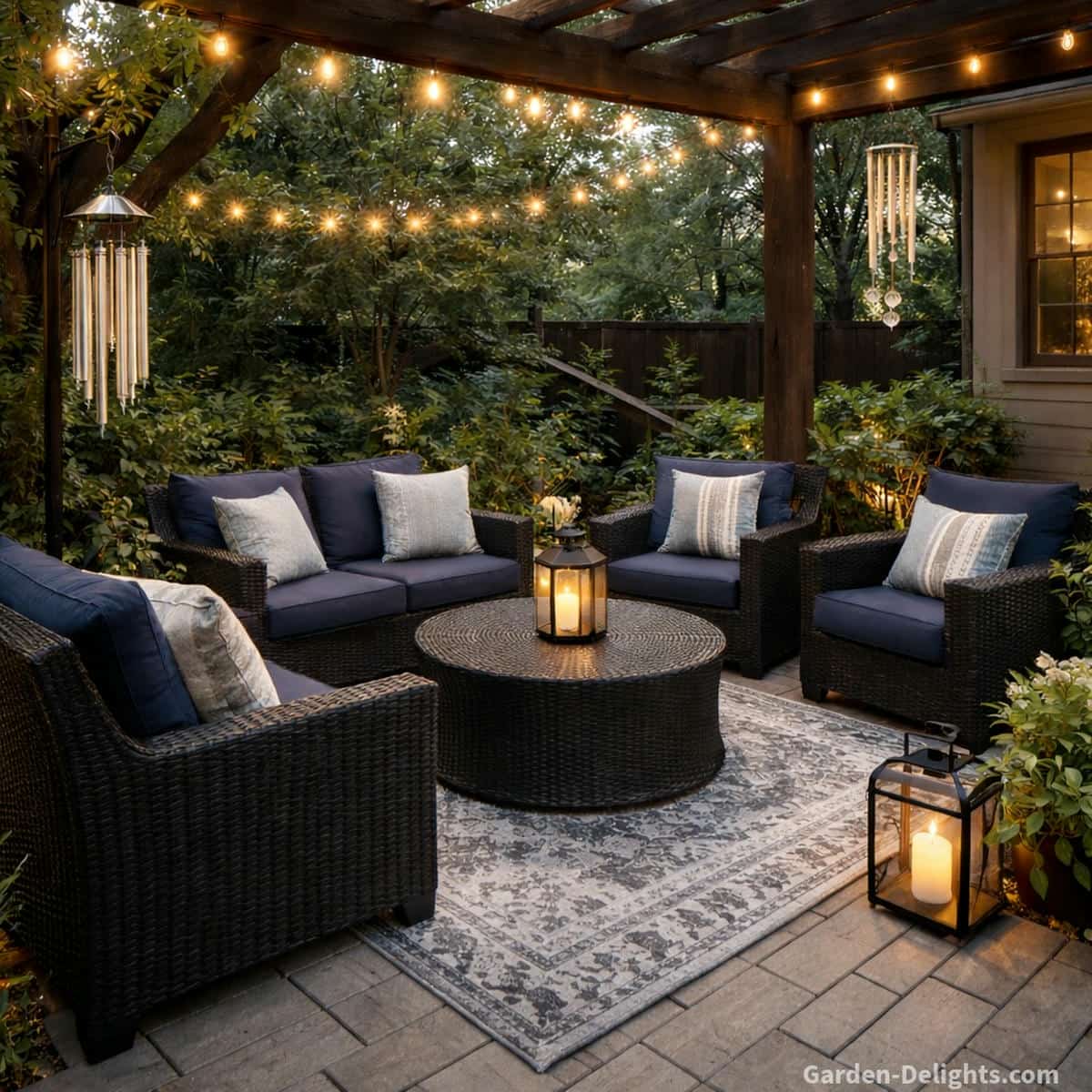 holiday wind chimes decor in a bright cozy patio setting with black wicker furniture, dark blue cushions, light grey patterned rug, and a round wicker table with lantern, aluminum and glass wind chimes hanging from a pergola and shepherds hook, soft airflow creating gentle movement and calm sound, warm string lights adding a peaceful seasonal outdoor ambiance for porch and garden spaces