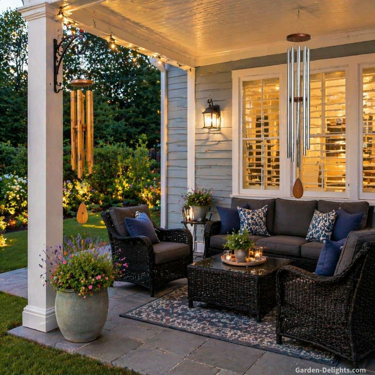 holiday wind chimes in a covered patio with light blue grey house siding and white trim, bamboo chimes hanging from a decorative hook on a post and aluminum chimes suspended from the ceiling, soft airflow creating controlled gentle movement, black wicker furniture with dark cushions and blue pillows, warm evening lighting shaping calm balanced outdoor sound and peaceful atmosphere