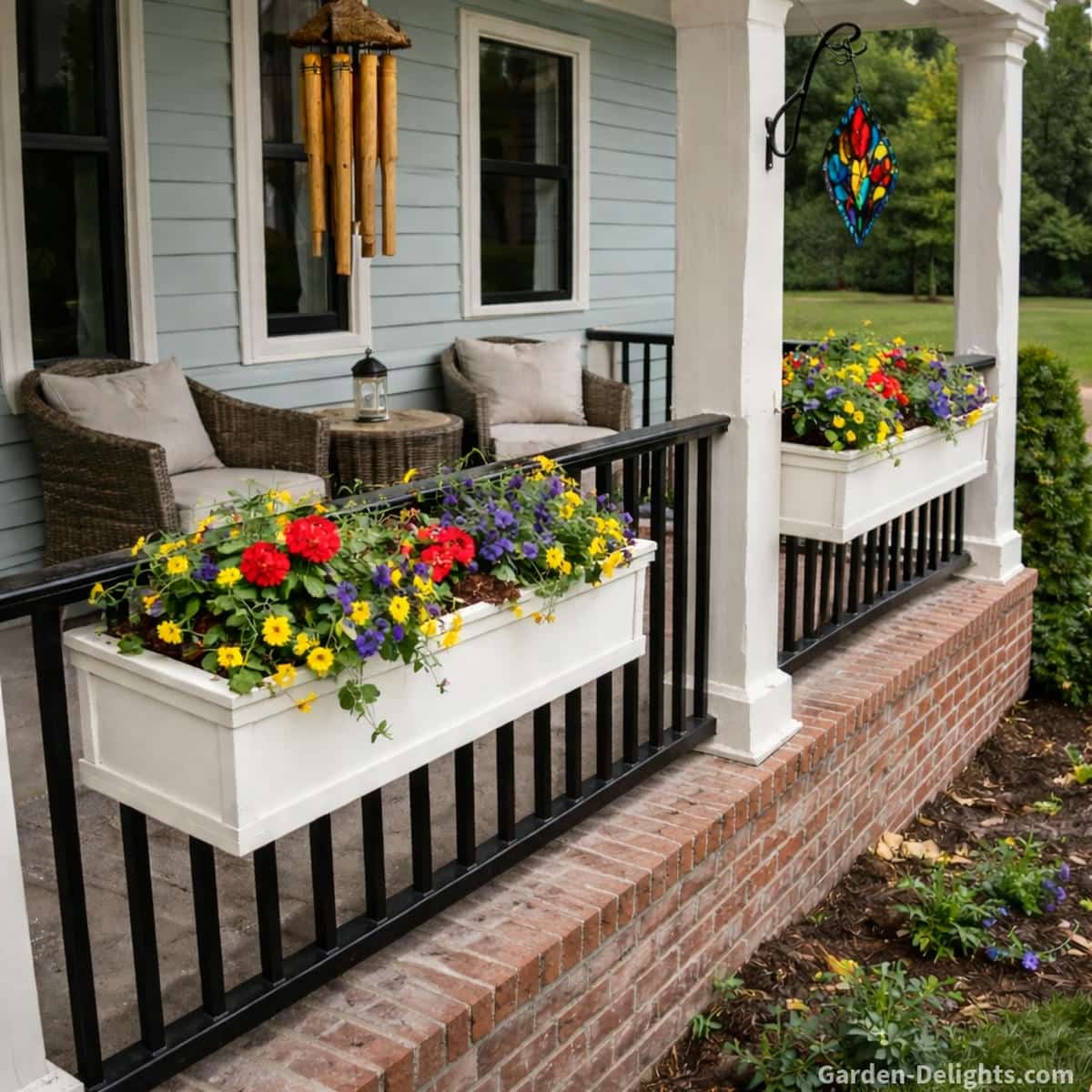 holiday wind chimes hanging under a covered porch roof near a black railing with white planter boxes filled with red yellow and blue flowers, gentle airflow moving through the space creating soft calming sound and smooth motion, wicker seating area and decorative stained glass accent enhancing peaceful small space outdoor ambiance with balanced placement and clean airflow corridor